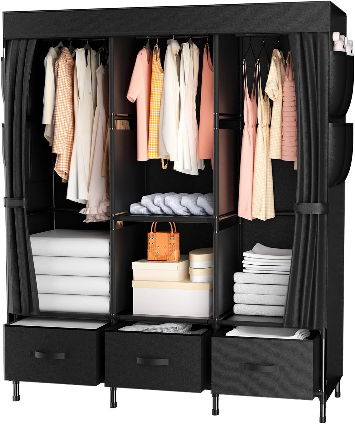 LOEFME Armario portátil, armario para colgar ropa con 3 cajones y varillas para colgar, armarios portátiles de 47 x 15.7 x 67 pulgadas para