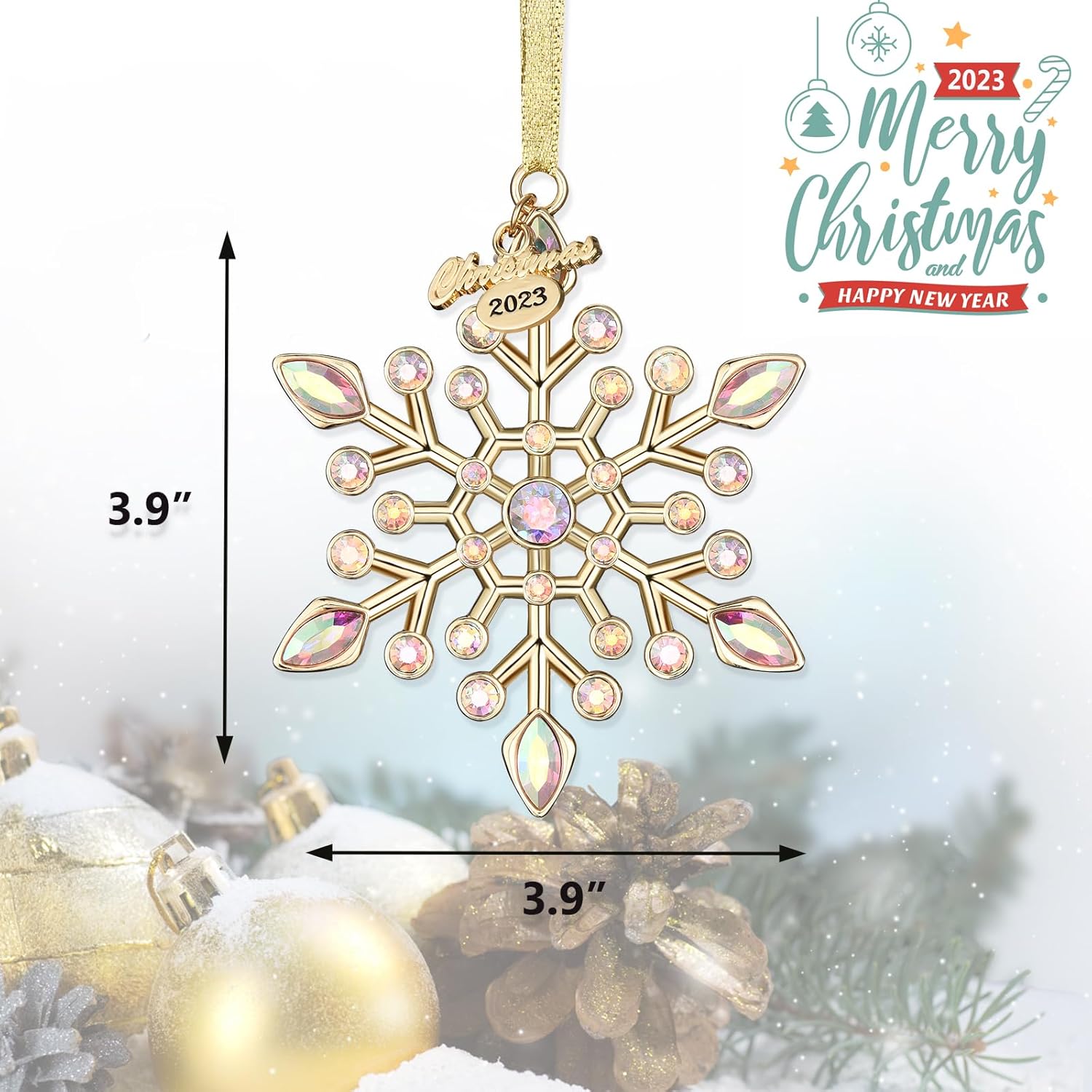 Venhoo Adornos navideños de copo de nieve 2023, diamantes de imitación metálicos colgantes con purpurina, copos de nieve, decoración de árbol de