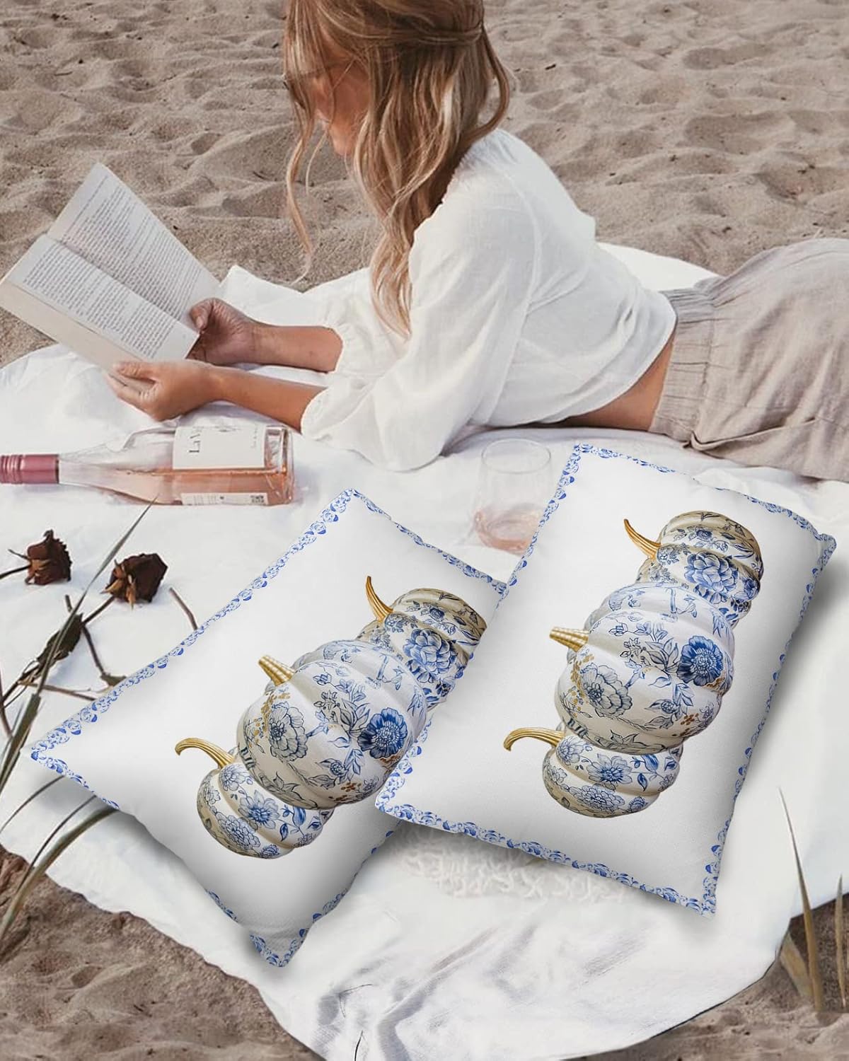 Chinoiserie – Juego de 2 fundas de almohada de porcelana impermeables para sofá, fundas de almohada decorativas de cosecha de otoño de 20 x 12