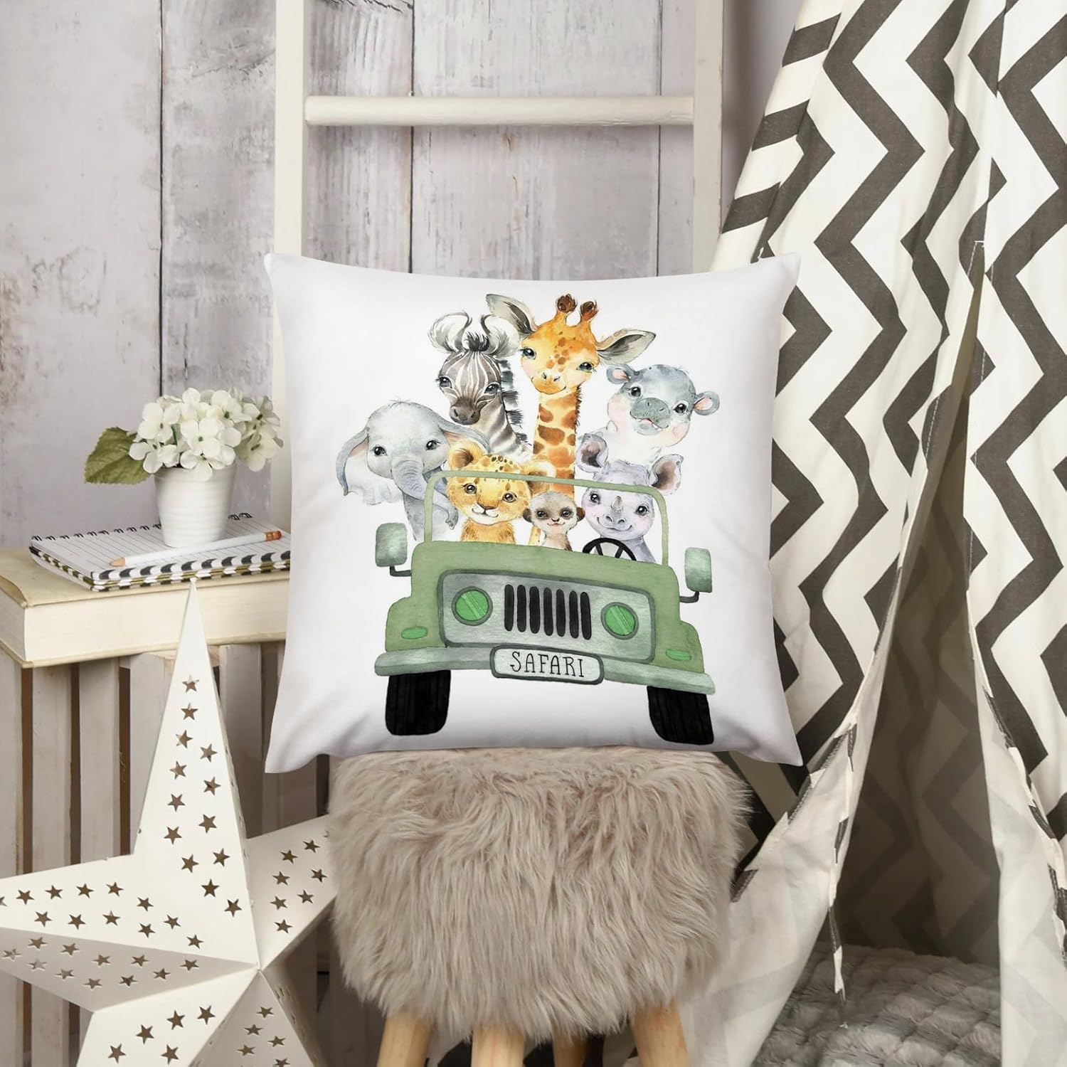 Funda de almohada decorativa para bebé niño y niña, diseño de safari con diseño de camión de animales de safari, funda de cojín de selva,