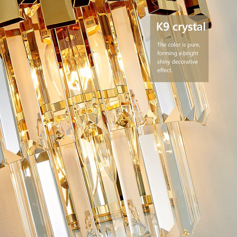 Modernas luces de pared de cristal dorado, W12 H18, 3 luces, apliques de iluminación, lámparas de pared para sala de estar, dormitorio