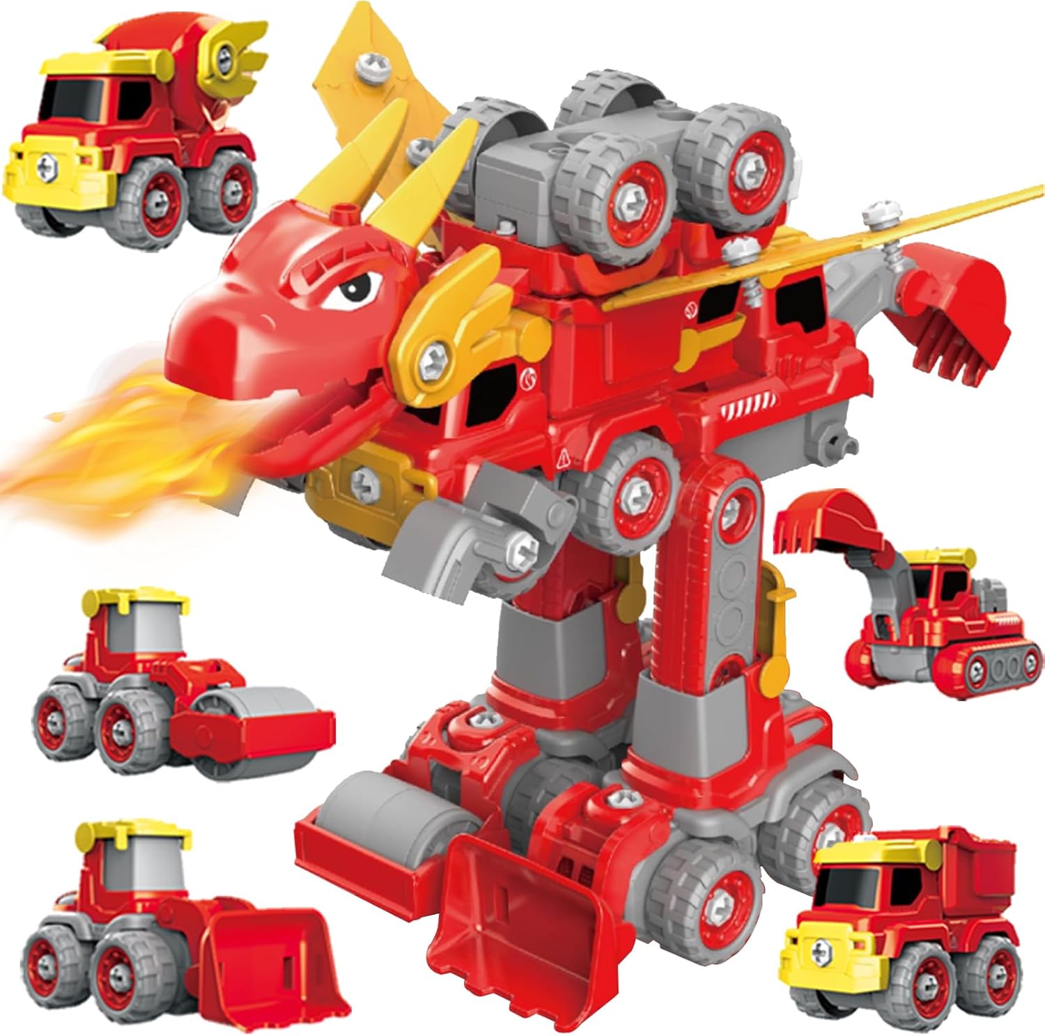 CREAMKIDS – Juego de auto de ingeniería desarmable, 5 en 1, vehículos de construcción, se transforma en robot de pterosaurio, juguete de