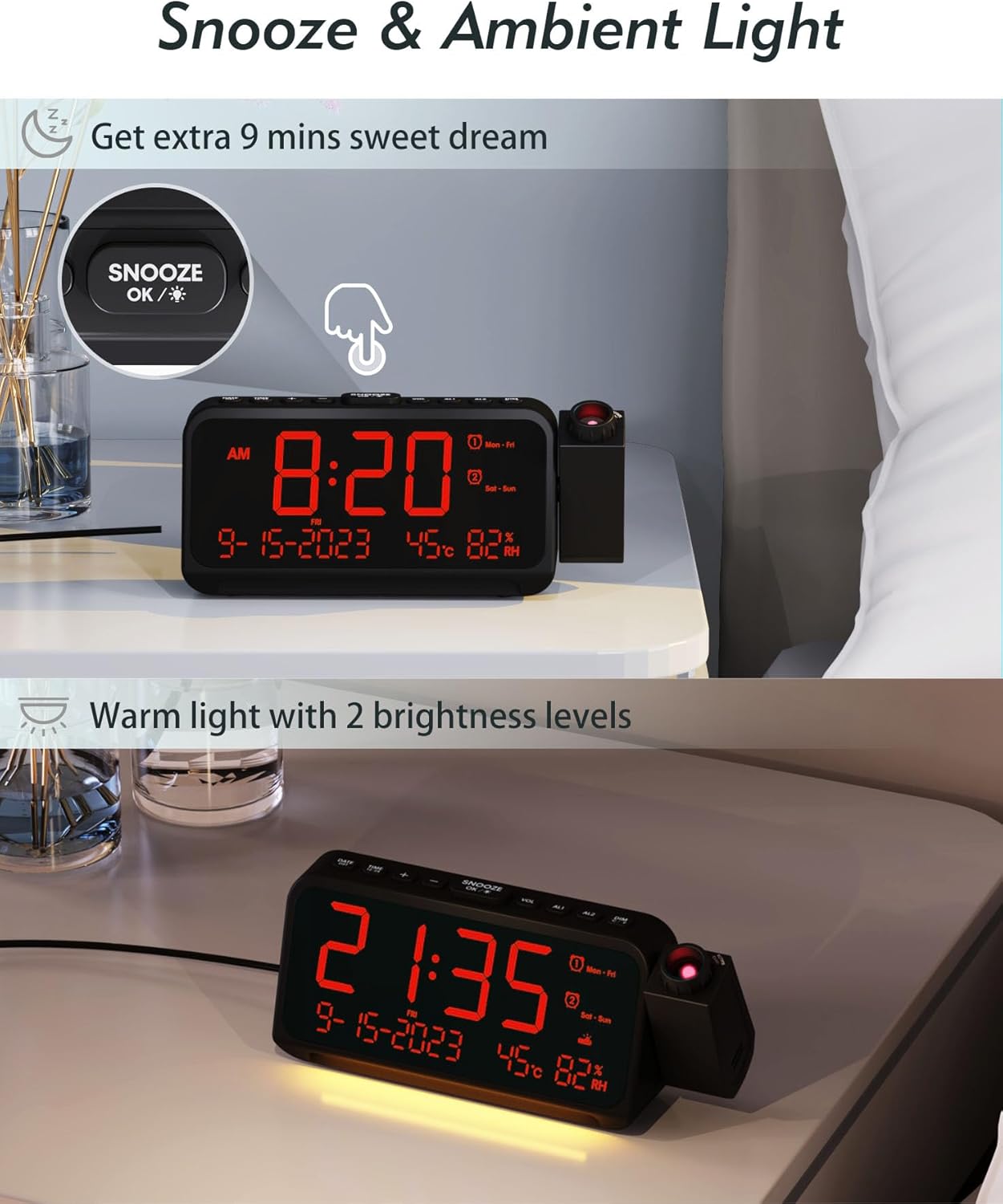 Reloj despertador de proyección para dormitorio, reloj digital con fecha y día de la semana para ancianos, temperatura y humedad, alarma dual con