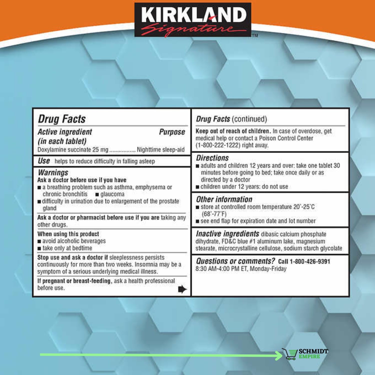 Kirkland Signature Sleep Aid Succinato de doxilamina de 25 mg (2 frascos, 96 pestañas en total 192 tabletas) + 1 protector de tarjeta SchmiidtEmpire