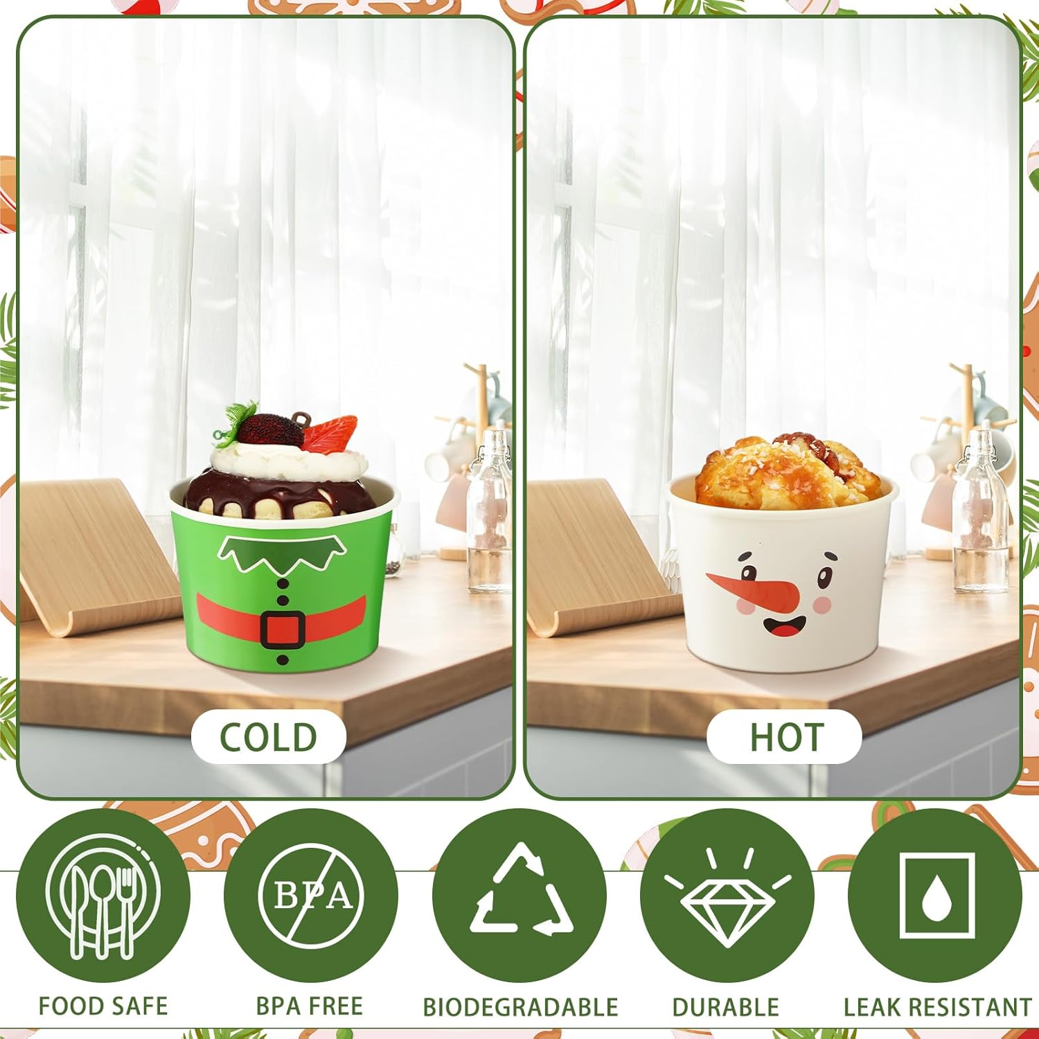 200 cuencos desechables de Navidad de 9 onzas, tazas de aperitivos de Navidad, cuencos de papel para helado, muñecos de nieve navideños, cuencos de