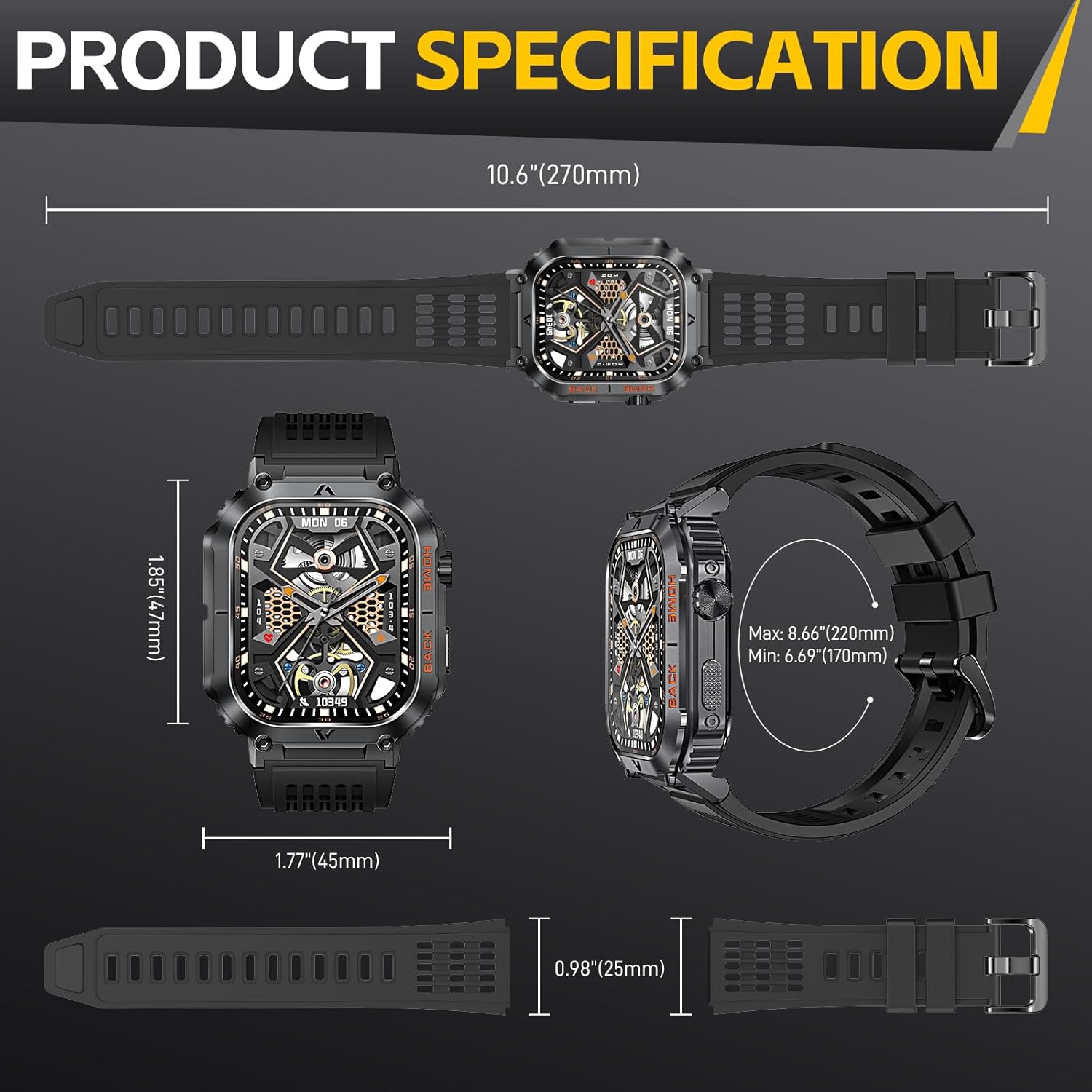 Reloj inteligente militar para hombre, resistente al agua, 5 ATM, con llamada, 2.02 pulgadas, pantalla grande, resistente al aire libre, reloj