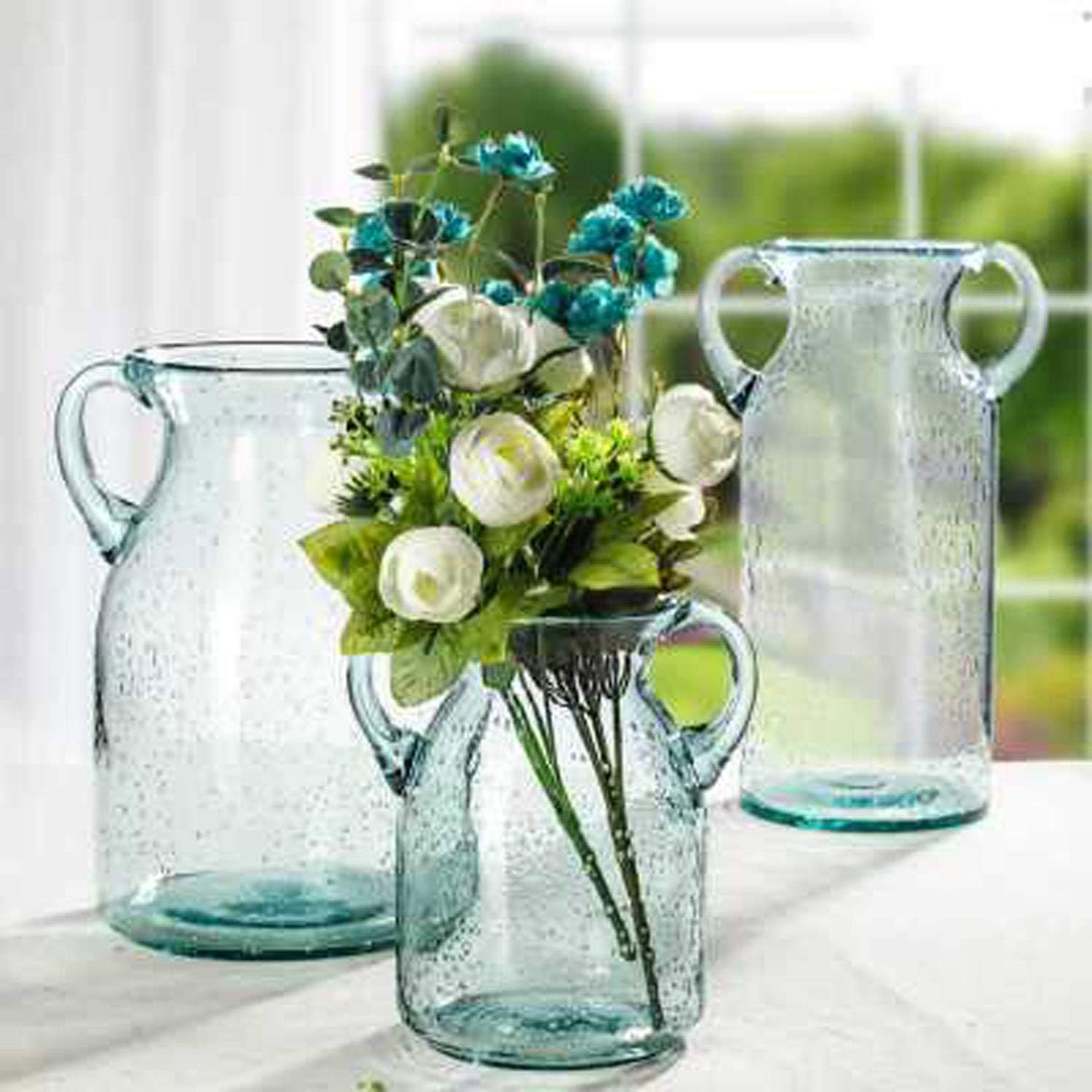 JSY-UP Jarrón pequeño de vidrio transparente con doble oreja y burbujas decorativas hechas a mano de relleno, (azul, morado, gris, verde) floreros