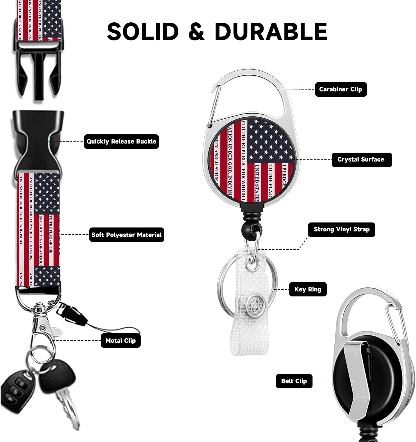 BUDUOZHI Soporte para tarjeta de identificación con cordón y clip retráctil para carrete de insignia, cordón de separación de la bandera de Estados