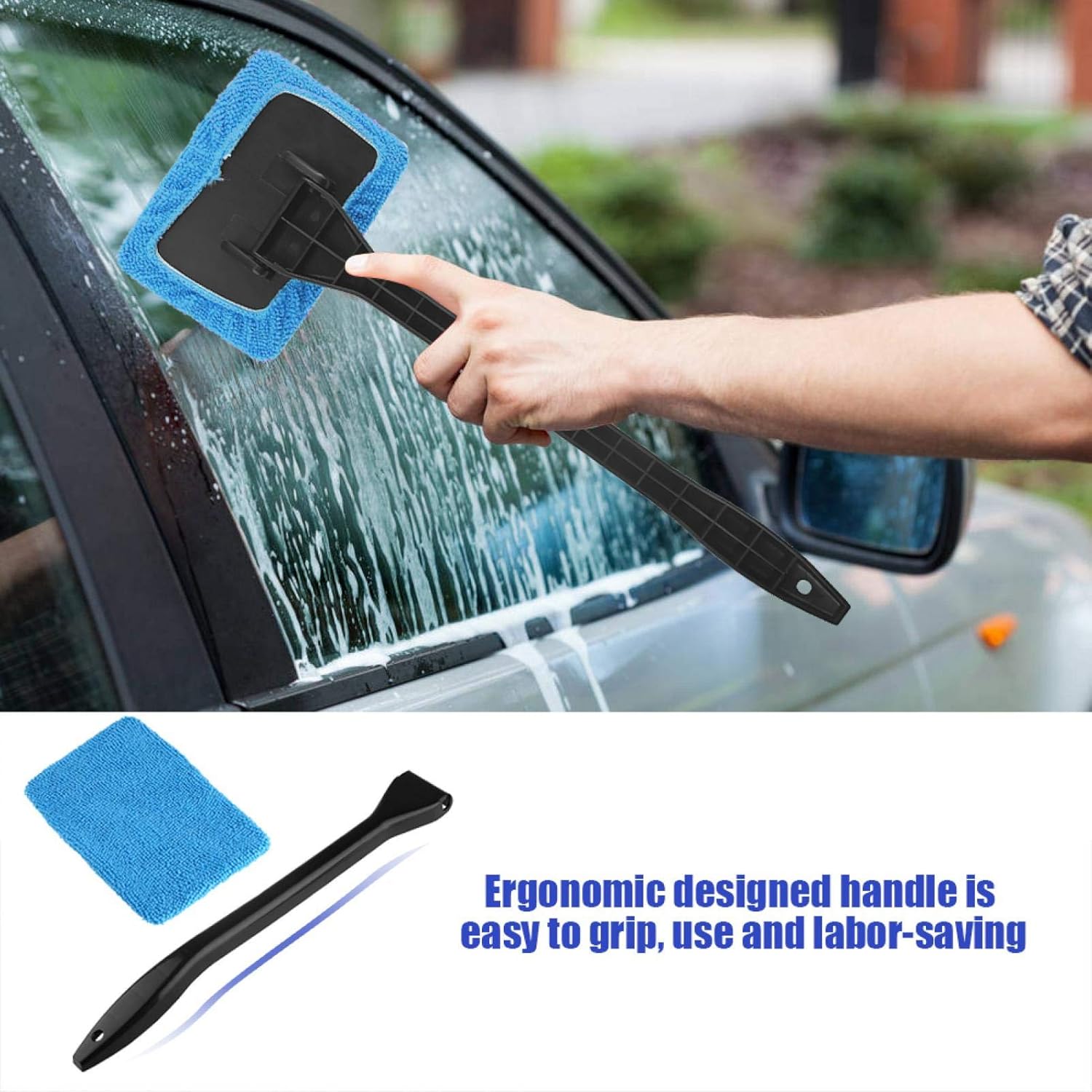 Herramienta de limpieza de vidrio para parabrisas, escobilla de goma duradera y almohadilla de microfibra para interior y exterior, limpiaparabrisas