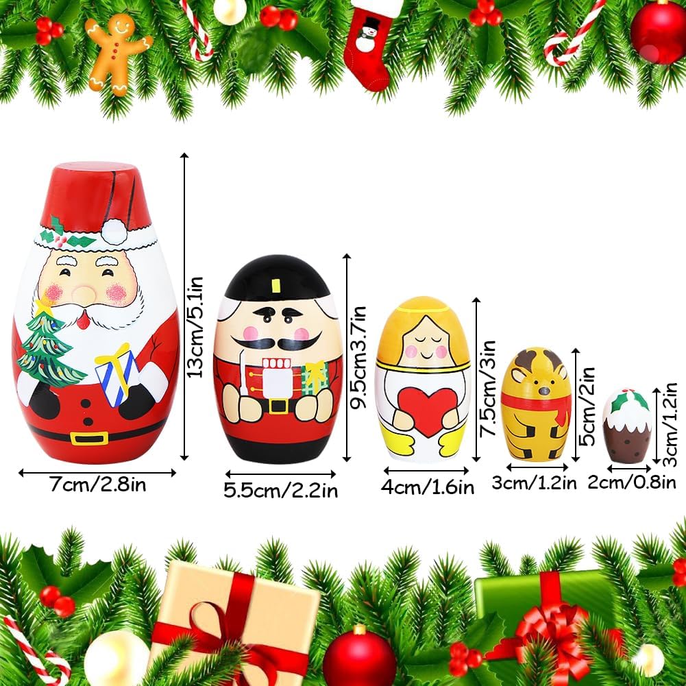 Winterworm Juego de 5 muñecas anidables de Navidad, regalo de Papá Noel, soldado, ángel, alce, madera, Matryoshka, manualidades, muñeca de anidación