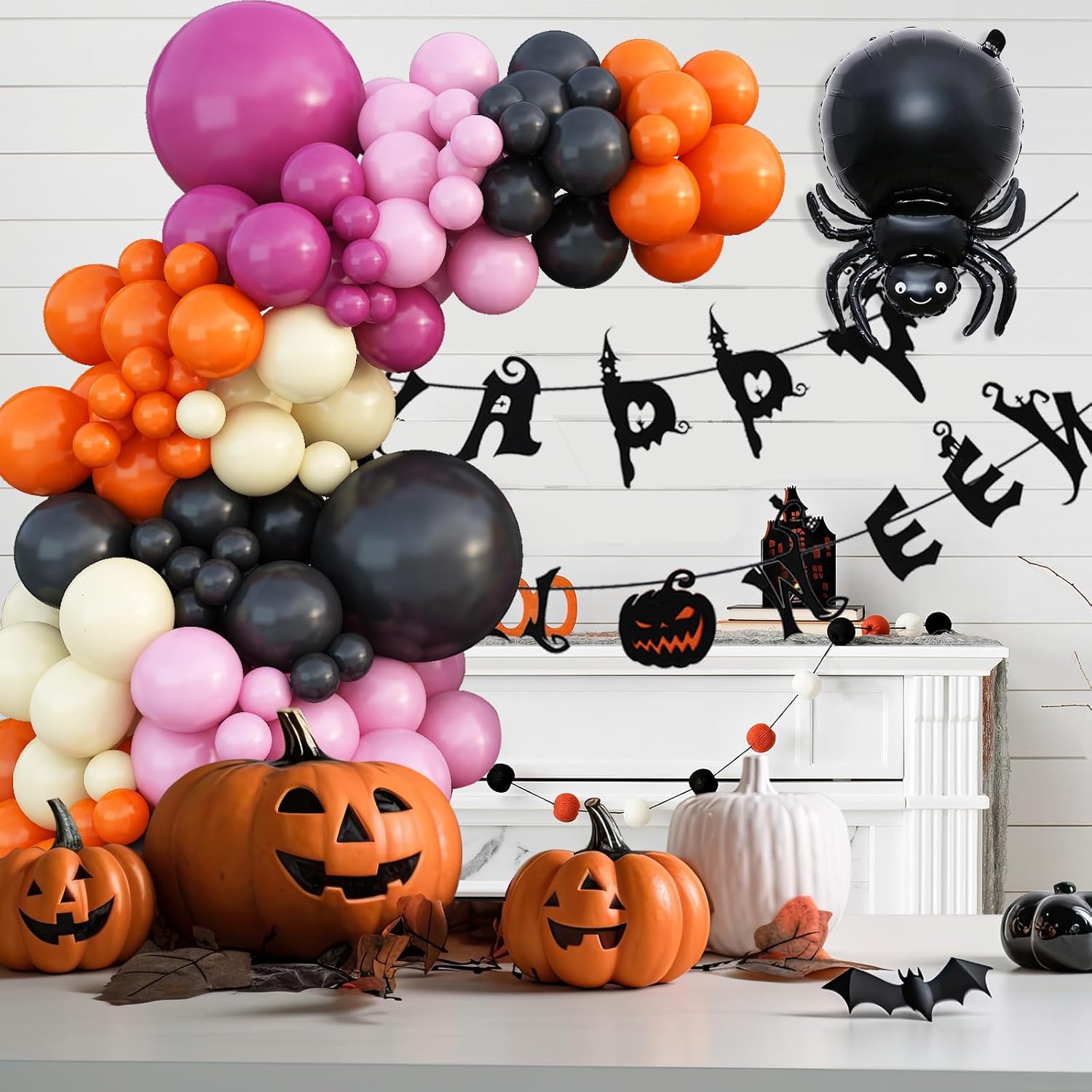 Kit de guirnalda de globos de Halloween, kit de arco de globos de Halloween negro, naranja, rosa, con globo amarillo pastel, araña, fantasma,