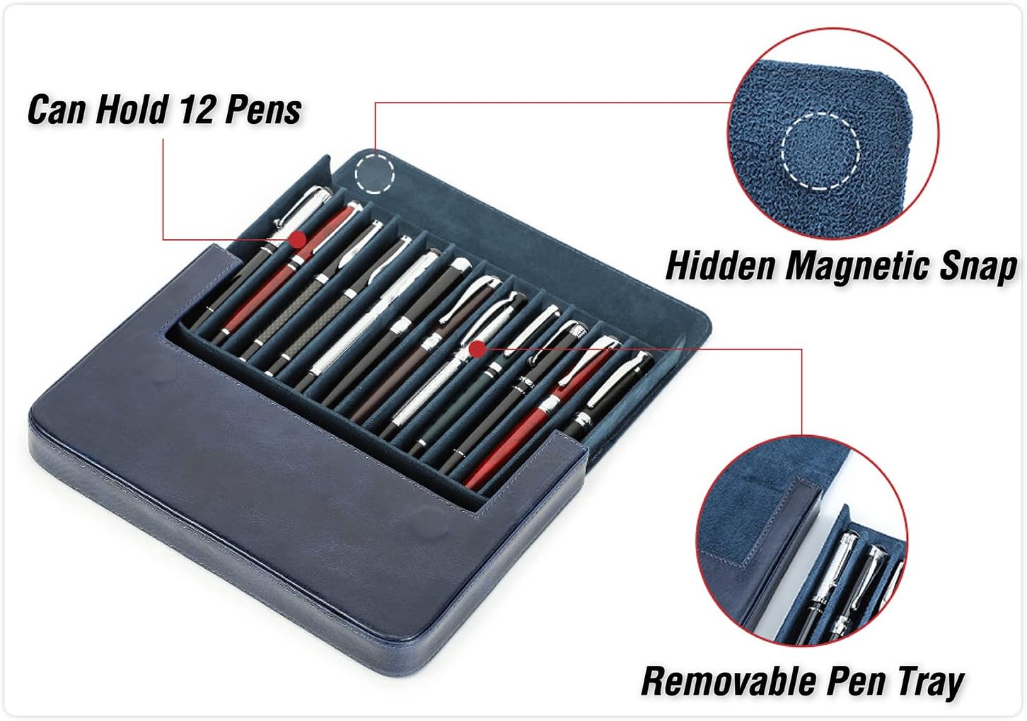 CataPurus Top Grain – Estuche organizador de cuero genuino para 12 bolígrafos y lápices, diseño minimalista sólido, hecho a mano, cierre magnético