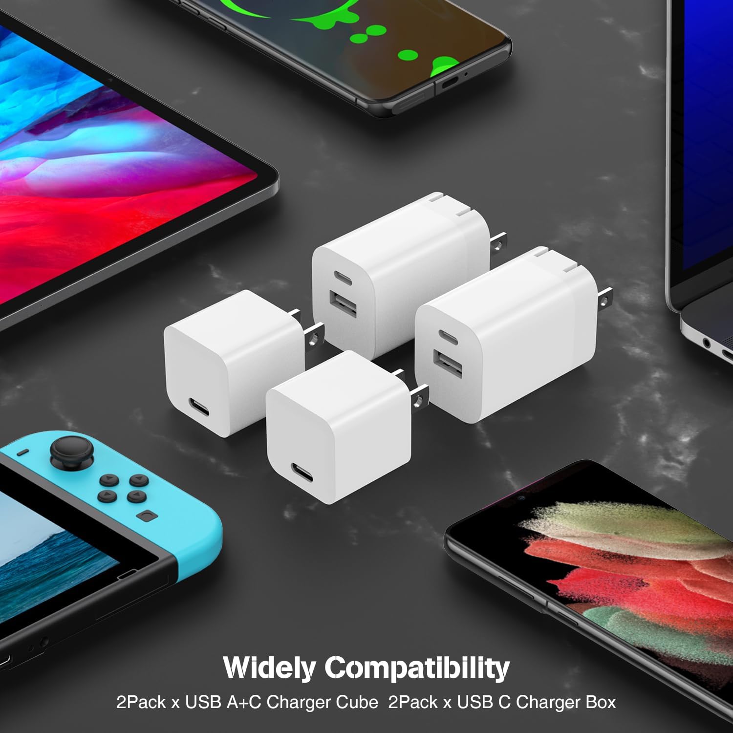 Paquete de 4 cargadores rápidos USB C 20 W PD de carga rápida de bloque de caja de cubos de enchufe y cargadores de pared dobles USB A+C de 12 W,