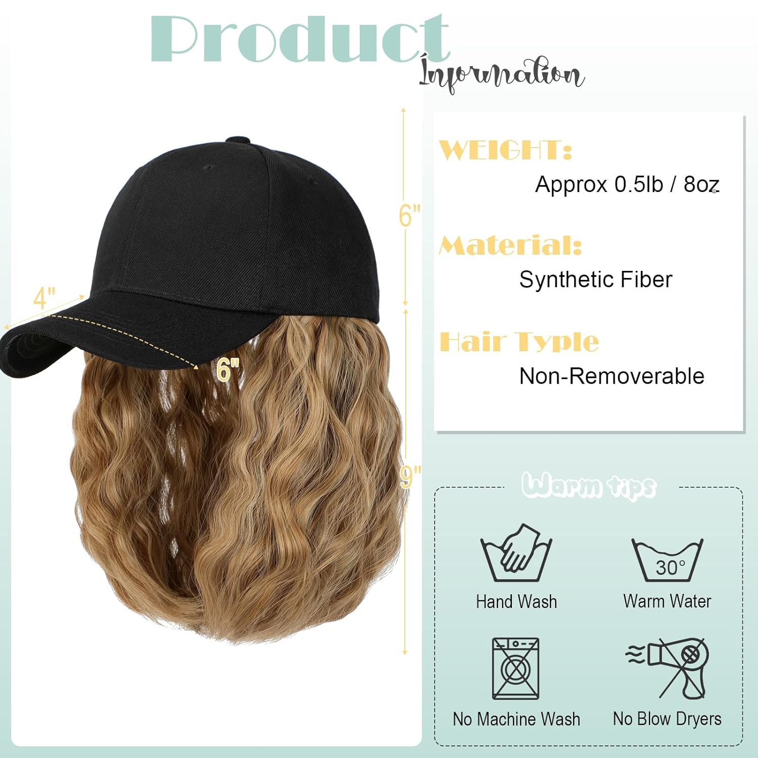 Lansigreen Peluca de gorra de béisbol para mujer, gorra de béisbol con extensiones de cabello, gorra ajustable adjunta de 15 pulgadas, peluca