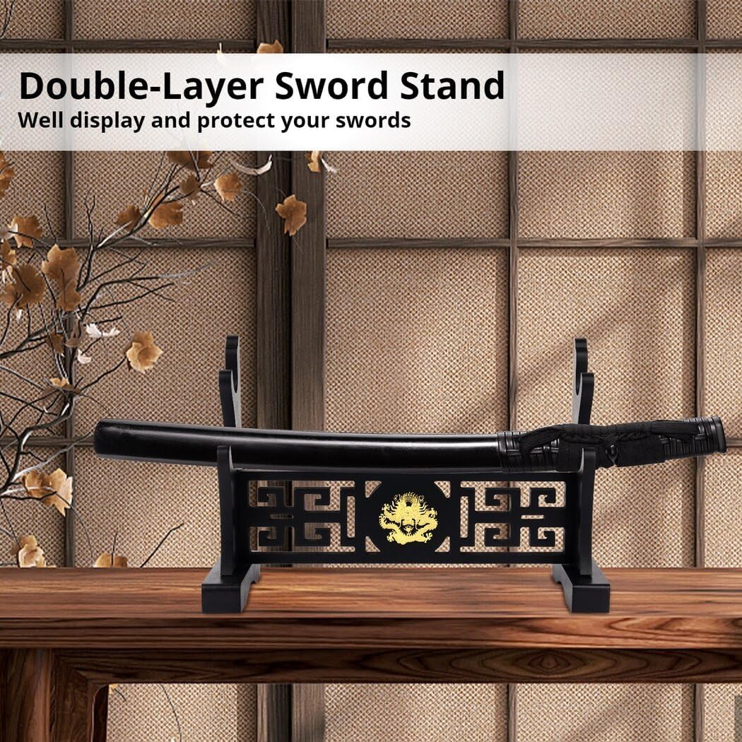 Five-Clawed Loong Wooden Sword Holder, Classical Chinese Stand for Swords, Dual-Layer Display Rack for Katanas, Wakizashis, and Lightsabers