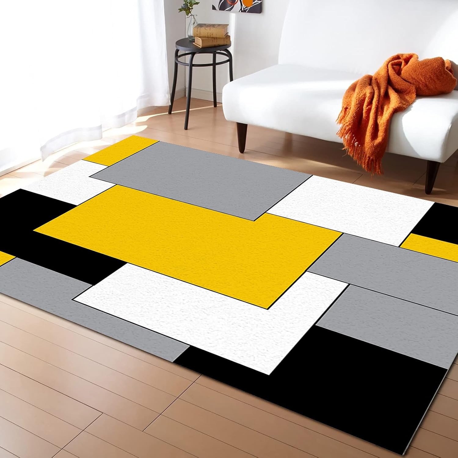 Alfombra lavable de 2 x 3 pies, patrón geométrico amarillo, negro y gris, arte abstracto moderno, alfombra suave antideslizante para sala de estar,