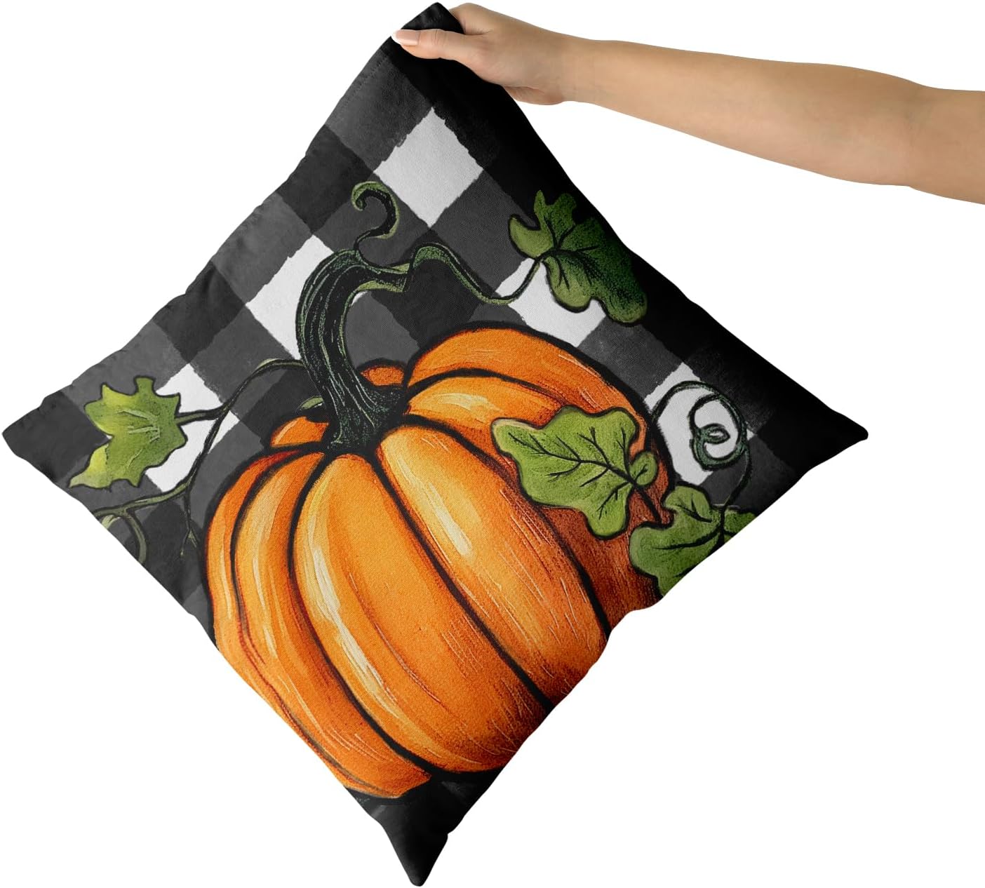 Juego de 2 fundas de almohada de otoño de 18 x 18 pulgadas, diseño de calabaza, negro y blanco, a cuadros, decoración del hogar, cosecha de otoño,