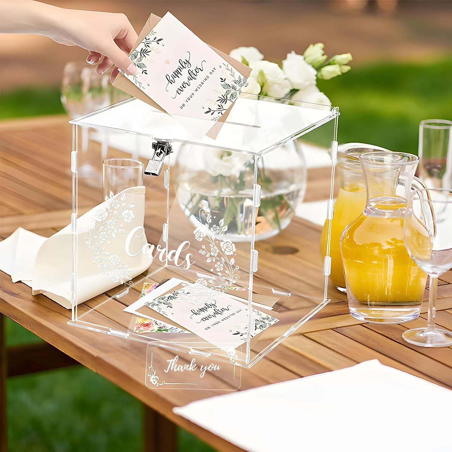 Caja de tarjetas de boda de acrílico con letrero, caja grande de acrílico transparente con cerradura para boda, recepción, aniversario, ducha,