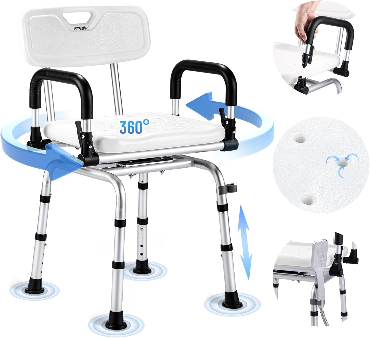 Ameierlive – Silla de ducha con reposabrazos y respaldo para ducha interior, asientos de baño con rotación de 360 para ancianos, discapacitados,