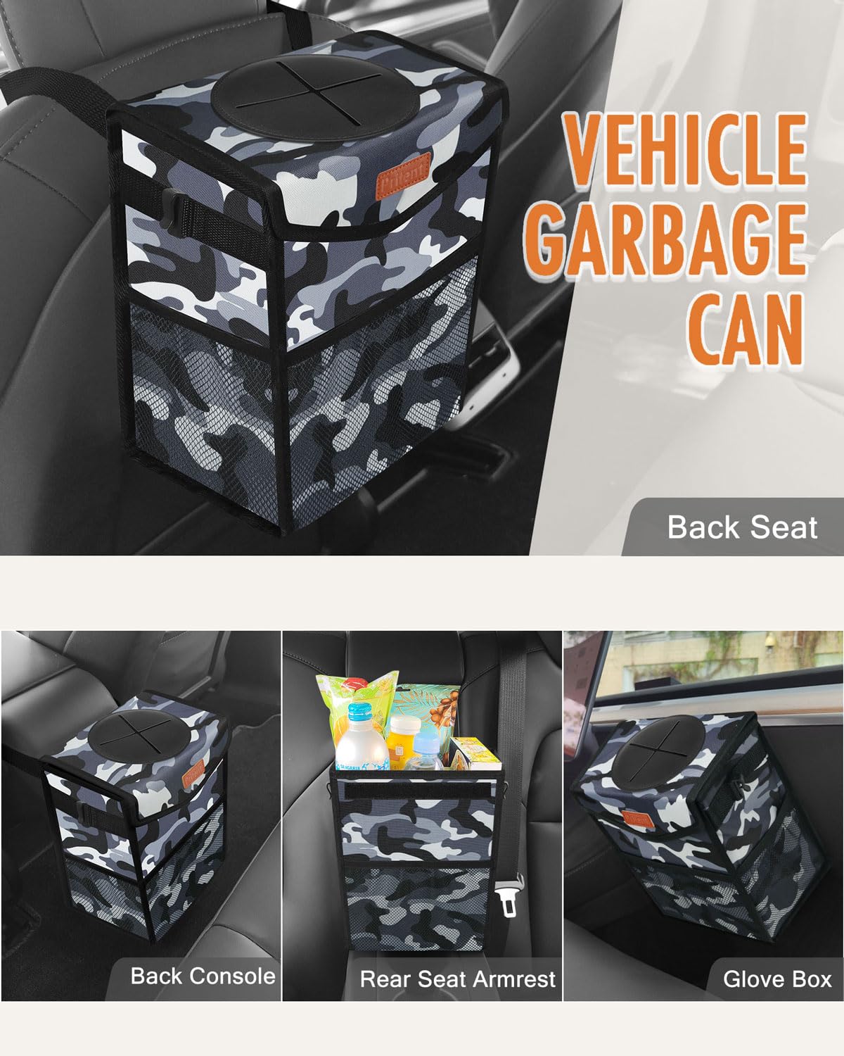 Bote de basura para automóvil con tapa, bonito cubo de basura a prueba de fugas para colgar el vehículo, pequeño organizador portátil para asientos