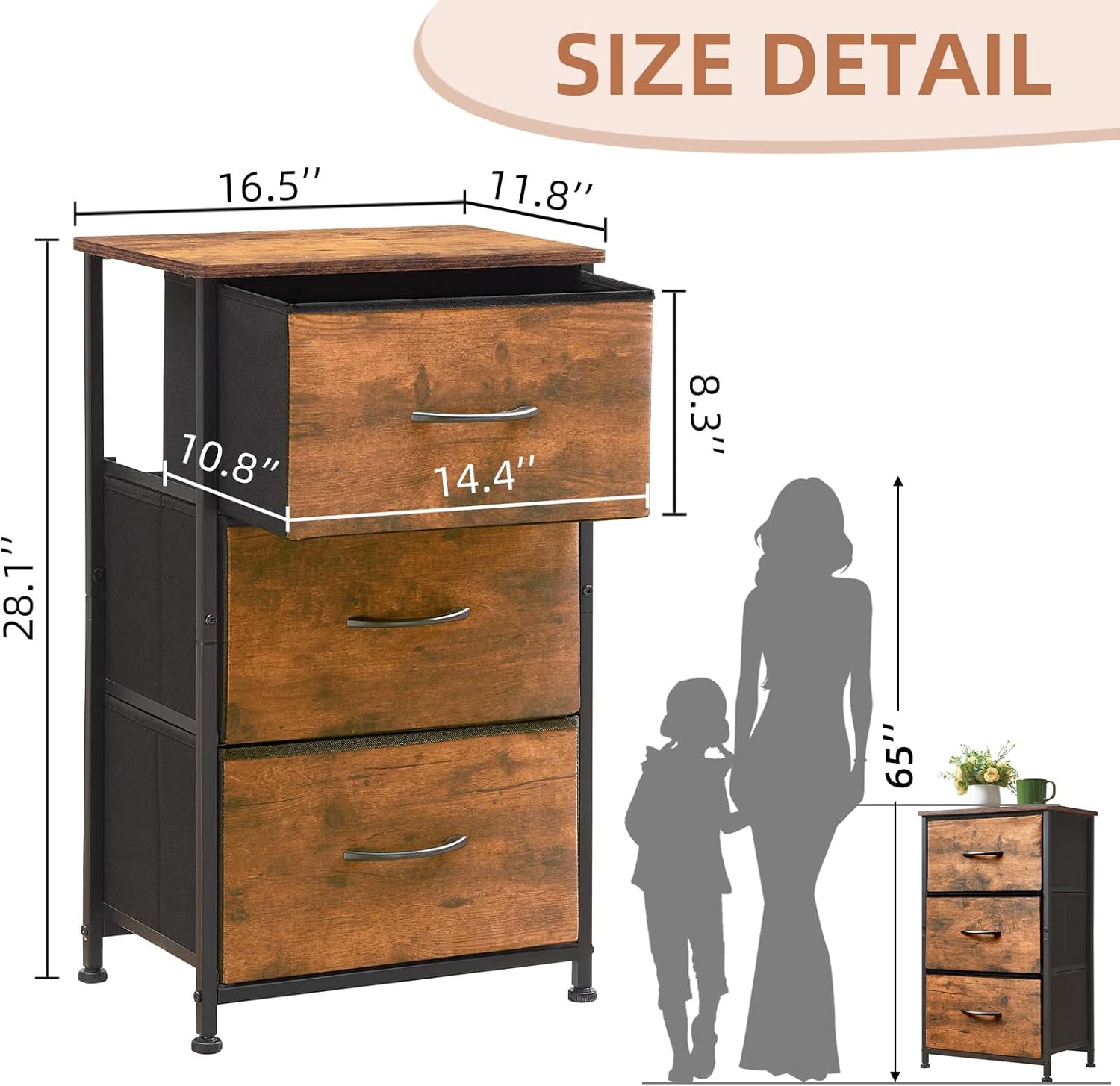 Somdot Mesita de noche, cómoda de 3 cajones para dormitorio, mesita de noche, mesa auxiliar con contenedores de tela para dormitorio, guardería,