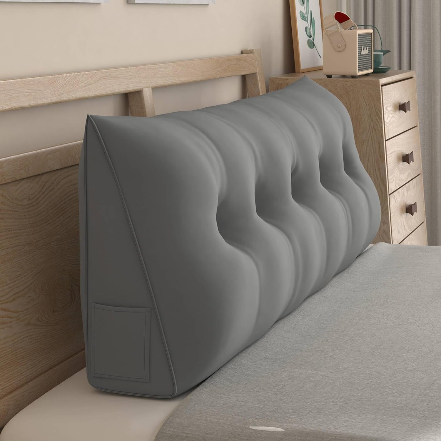 CECER Almohada de cabecera para cama individual, almohada triangular grande con dos bolsillos laterales, cojín largo de cuña para cama o mujer