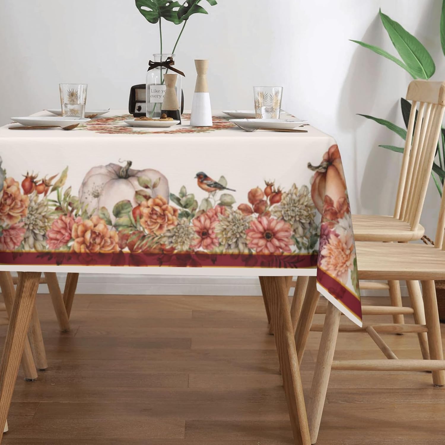 Mantel rectangular de otoño de 60 x 84 pulgadas, decoración de calabaza floral otoñal, decoración de Acción de Gracias para fiestas, hogar, cocina,