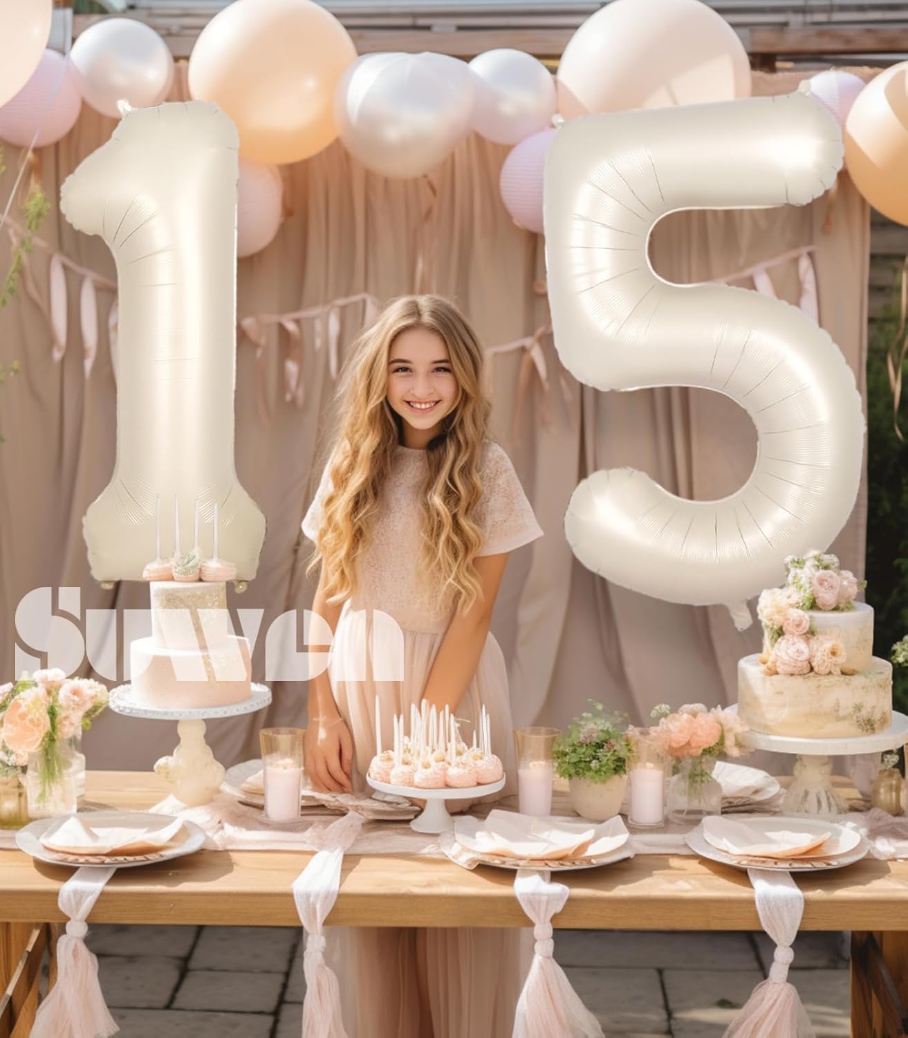 SUWEN Globos grandes de 40 pulgadas color blanco crema con el número 15, globos de helio de aluminio grandes del 0 al 9, decoraciones de fiesta de