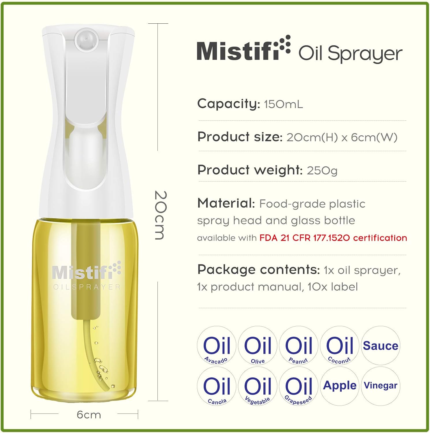 Rociador de aceite de vidrioMister 5.1 fl oz (5.1 fl oz), para aceite de cocina, aceite de oliva, salsa de soja, vinagre, dispensador recargable sin