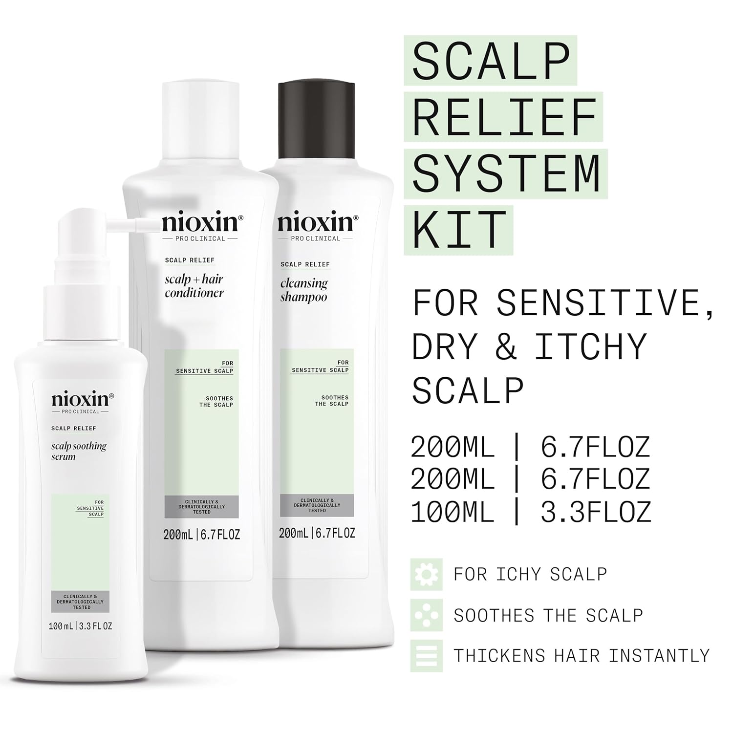 Nioxin Sistema de alivio del cuero cabelludo  Para cuero cabelludo sensible, seco y con picazón  Limpia, calma y engrosa el cabello  Sin parabenos