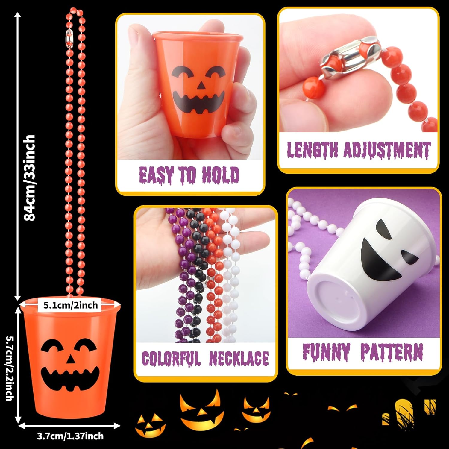 Paquete de 24 collares de chupito de Halloween con cuentas, vasos de chupito, vasos de chupito de plástico surtidos, collares de vidrio de chupito