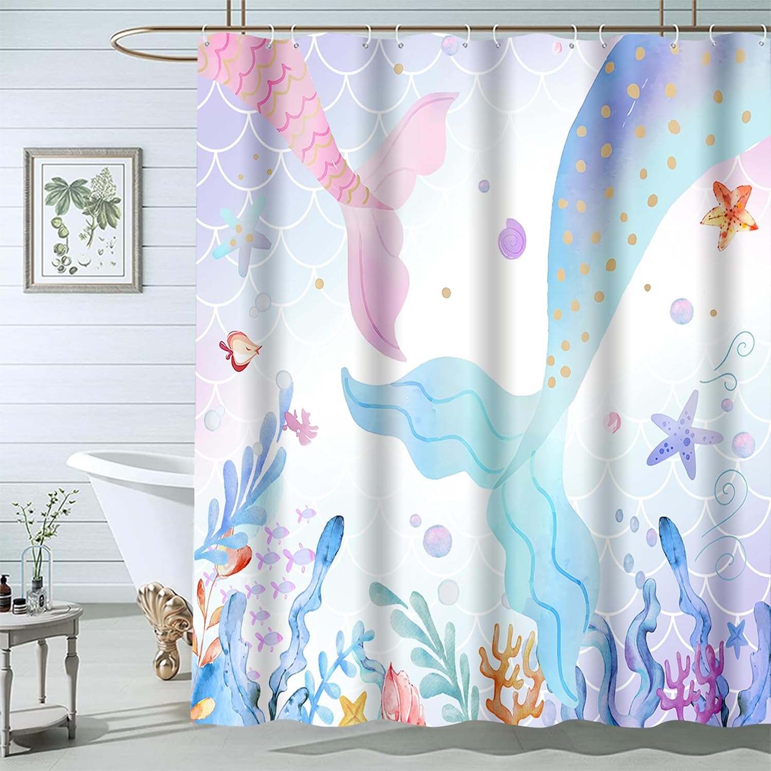 Cortina de ducha de sirena de 60 pulgadas de ancho x 72 pulgadas de largo, diseño de cola de sirena, linda cortina de ducha para niños, rosa, azul,