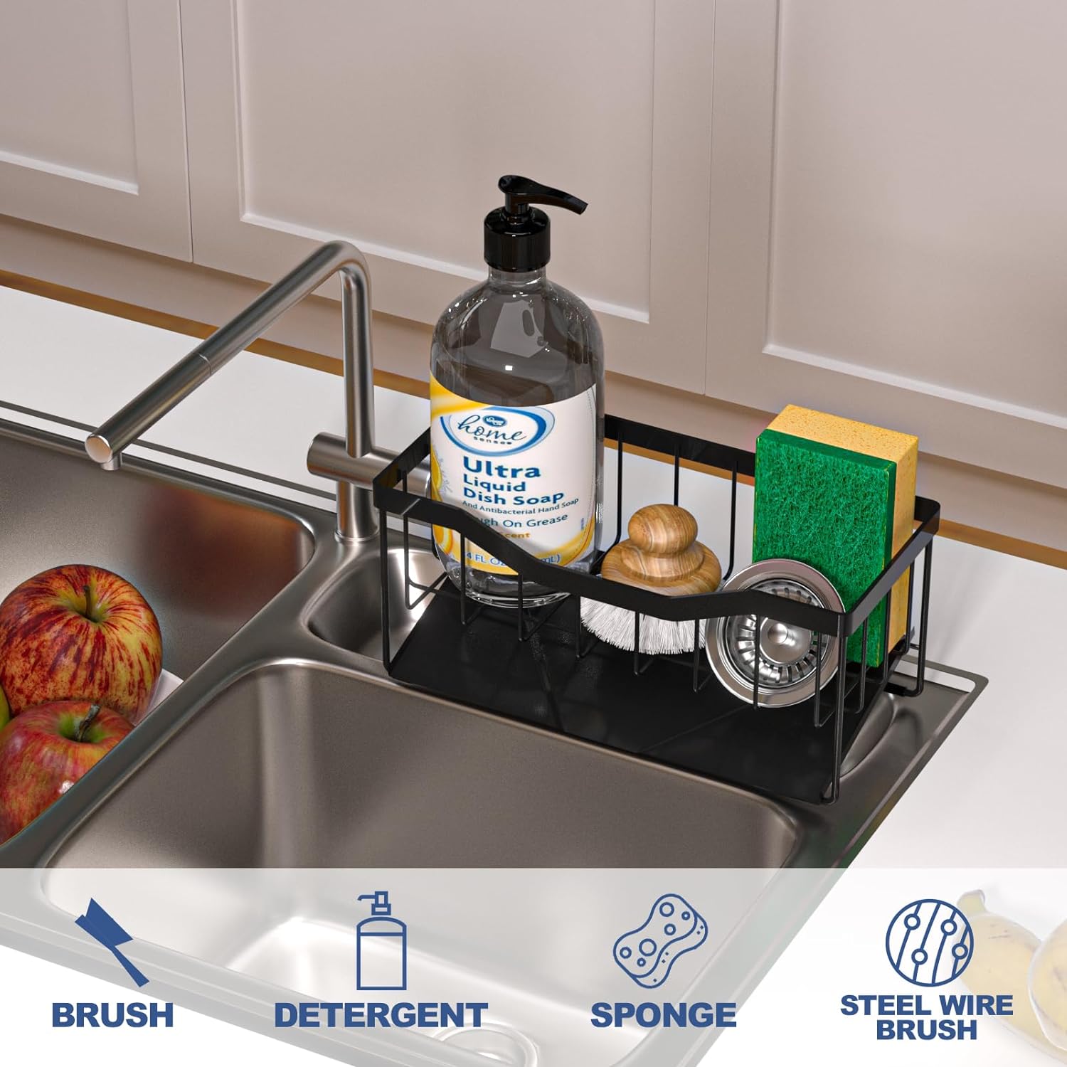 Soporte de esponja para fregadero de cocina con bandeja de drenaje automático, organizador de fregadero de cocina, organizador de cocina,