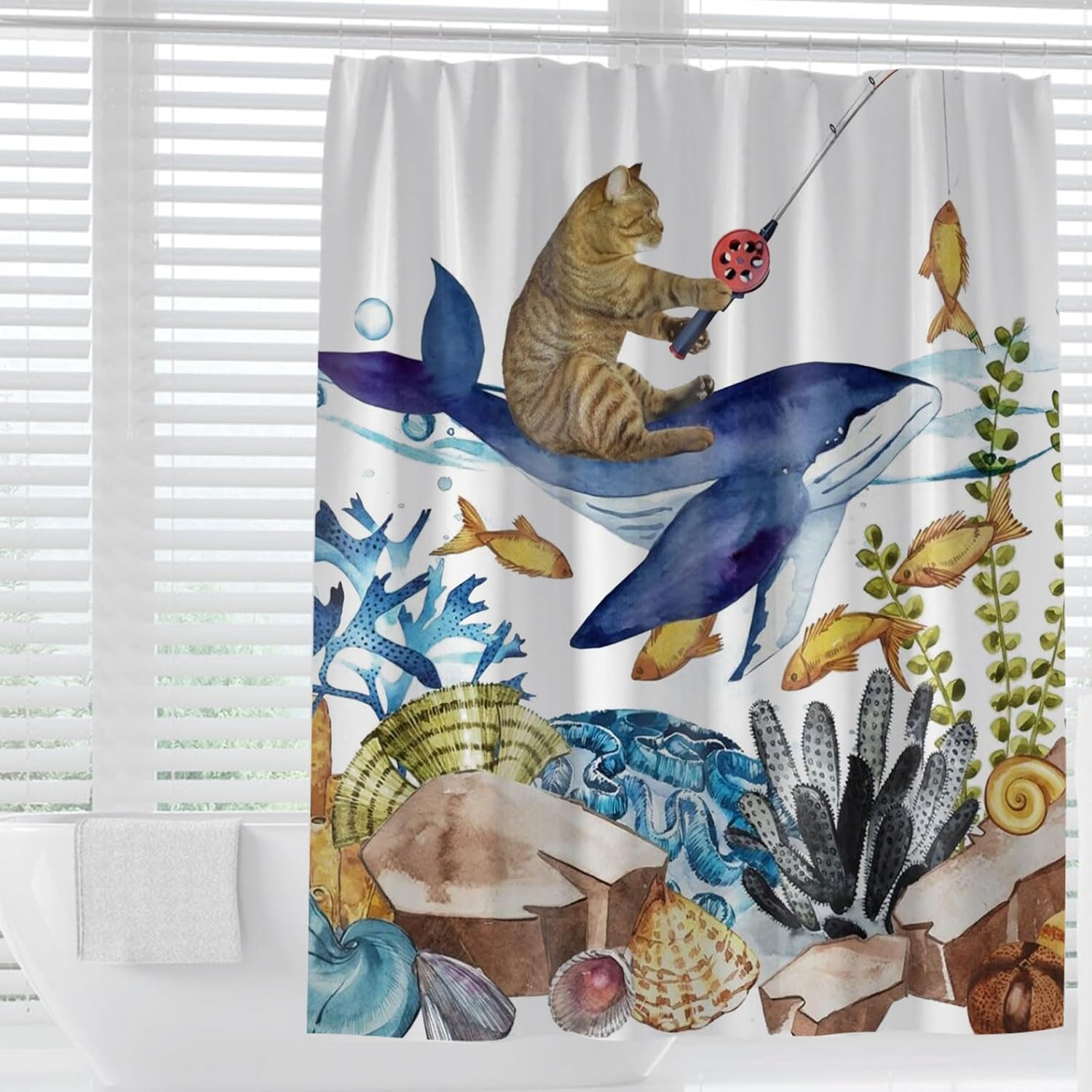 SRINKOC Divertida cortina de ducha con diseño de gato, tiburón, olas del océano, cortinas de baño de tela para decoración de baño, cortina de ducha