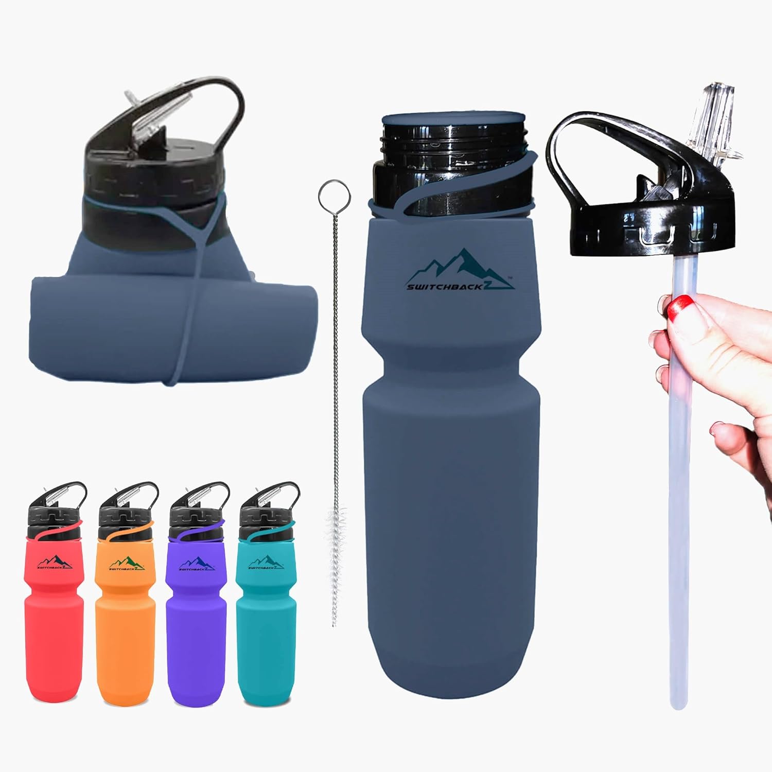 Botella de agua plegable (25 onzas), botella de agua plegable de silicona sin BPA que ahorra espacio, con popote extraíble, botellas de agua