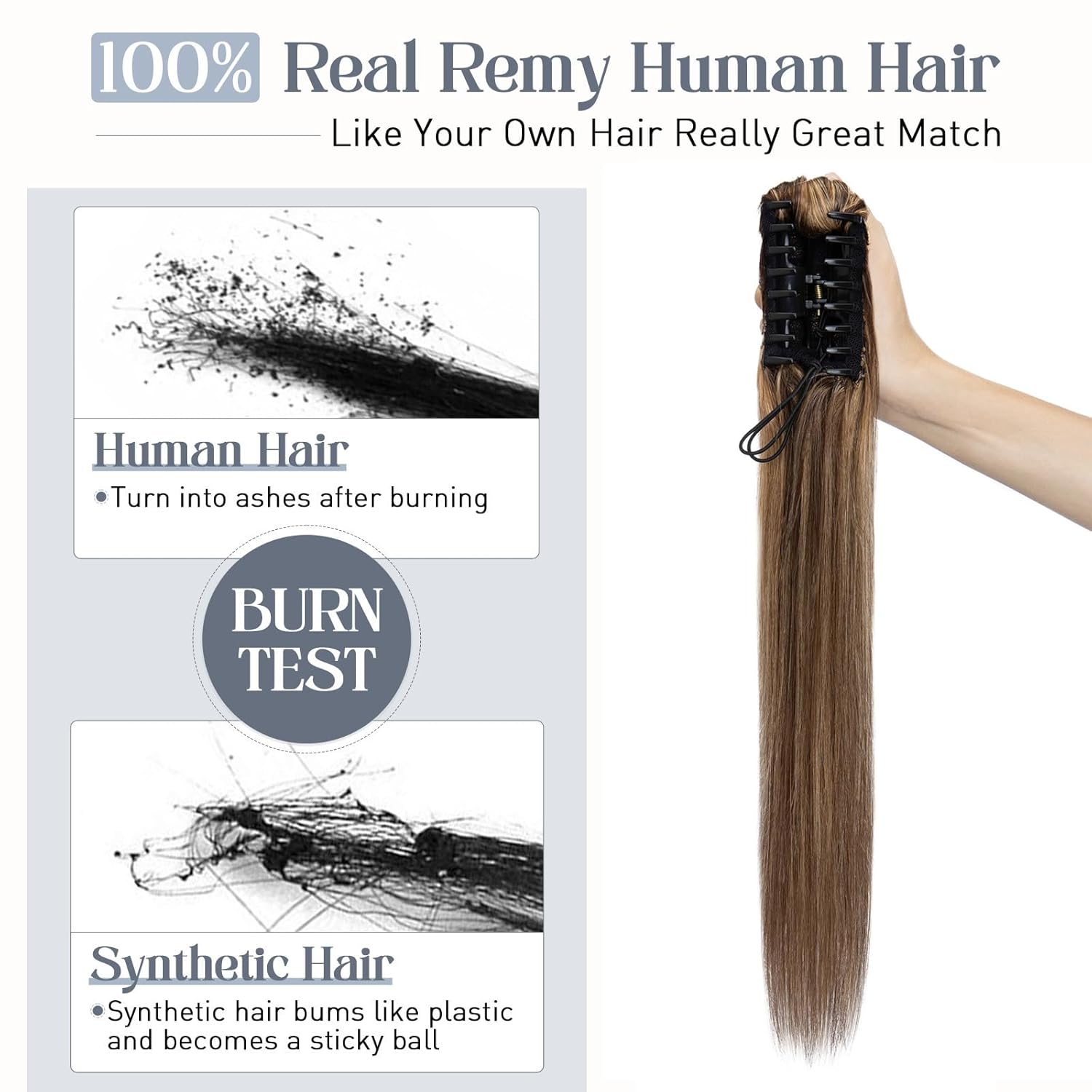 Extensión de cola de caballo de pelo humano con peineta y listón para atarse para niñas y mujeres, 1 pieza de pelo lacio y largo color negro oscuro