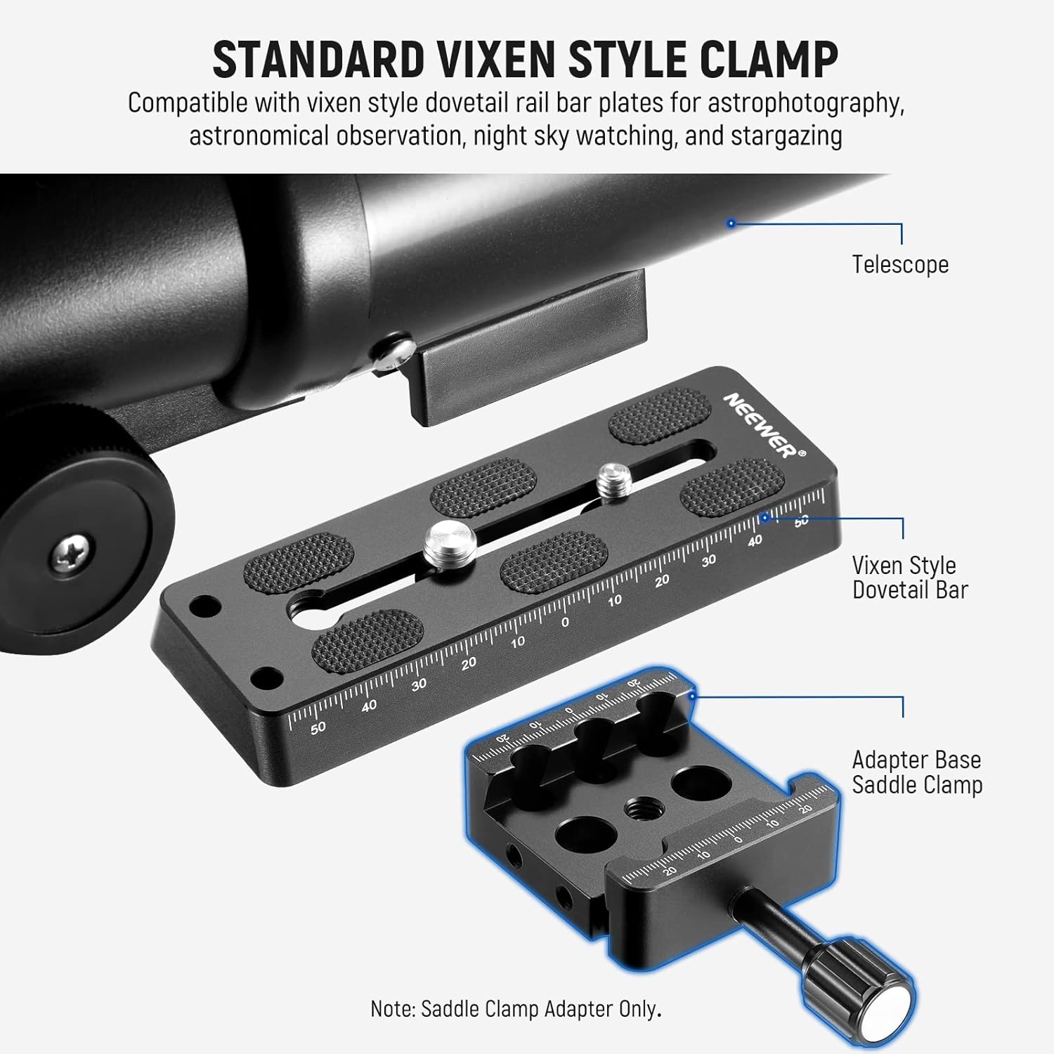NEEWER Soporte para telescopio trípode adaptador base abrazadera de sillín para barras de cola de milano estilo Vixen, con orificios avellanados M6
