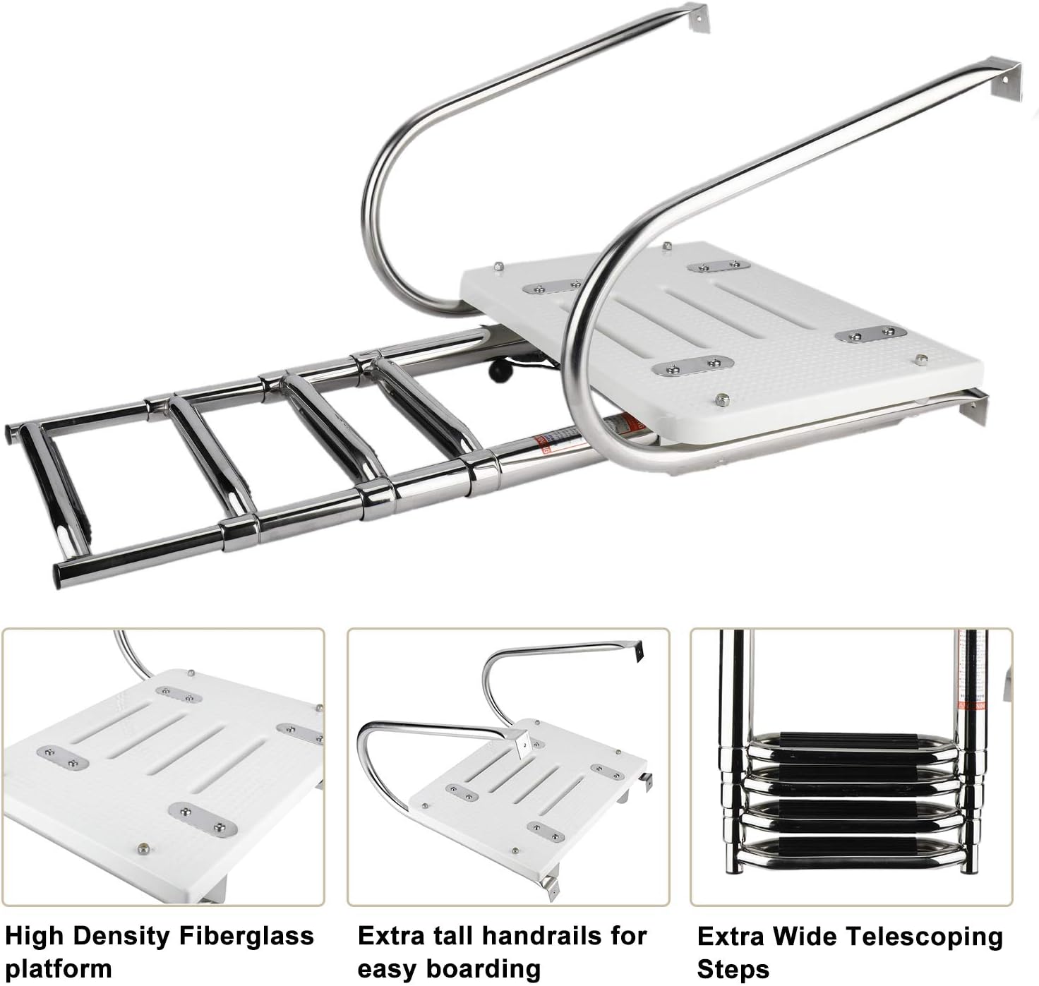 NovelBee Escalera plegable universal de 4 escalones con escalón extra ancho y dos pasamanos, escalera telescópica para barco con accesorios de