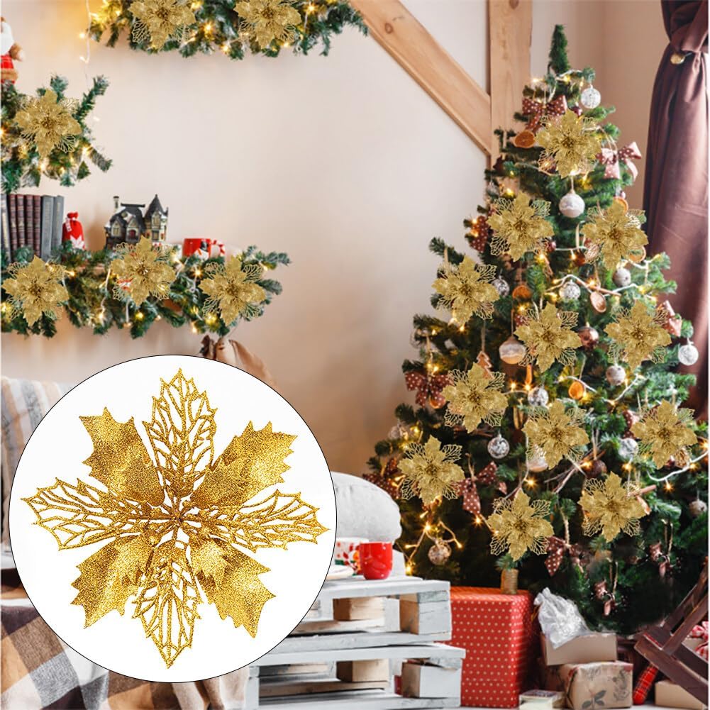 10 flores artificiales de Navidad de flor de pascua, lentejuelas con purpurina, adornos para árbol de Navidad, decoraciones de flor de pascua para