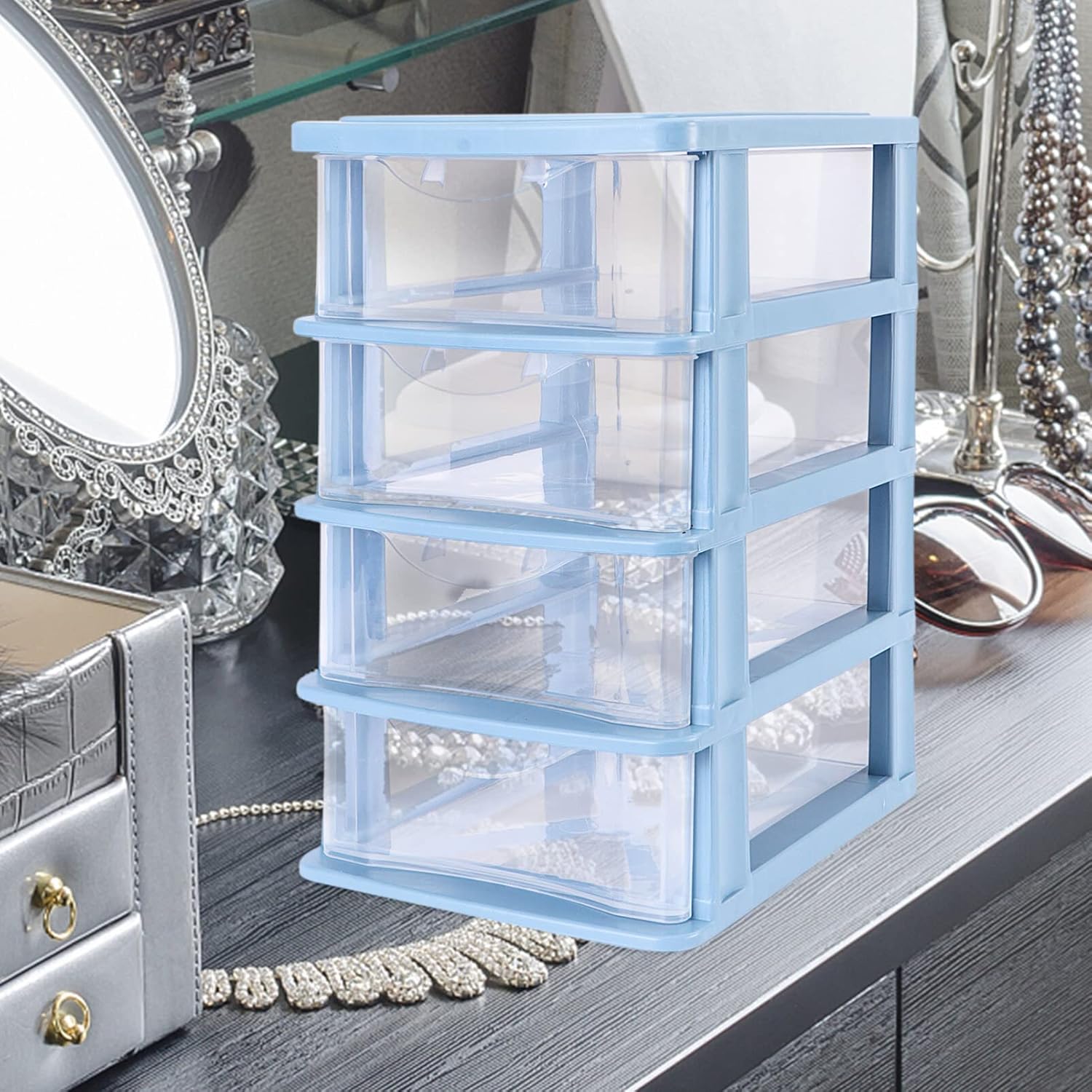 Organizador de maquillaje Cajón 1pc 3 Cajón Organizador de almacenamiento de escritorio Caja de almacenamiento de plástico azul