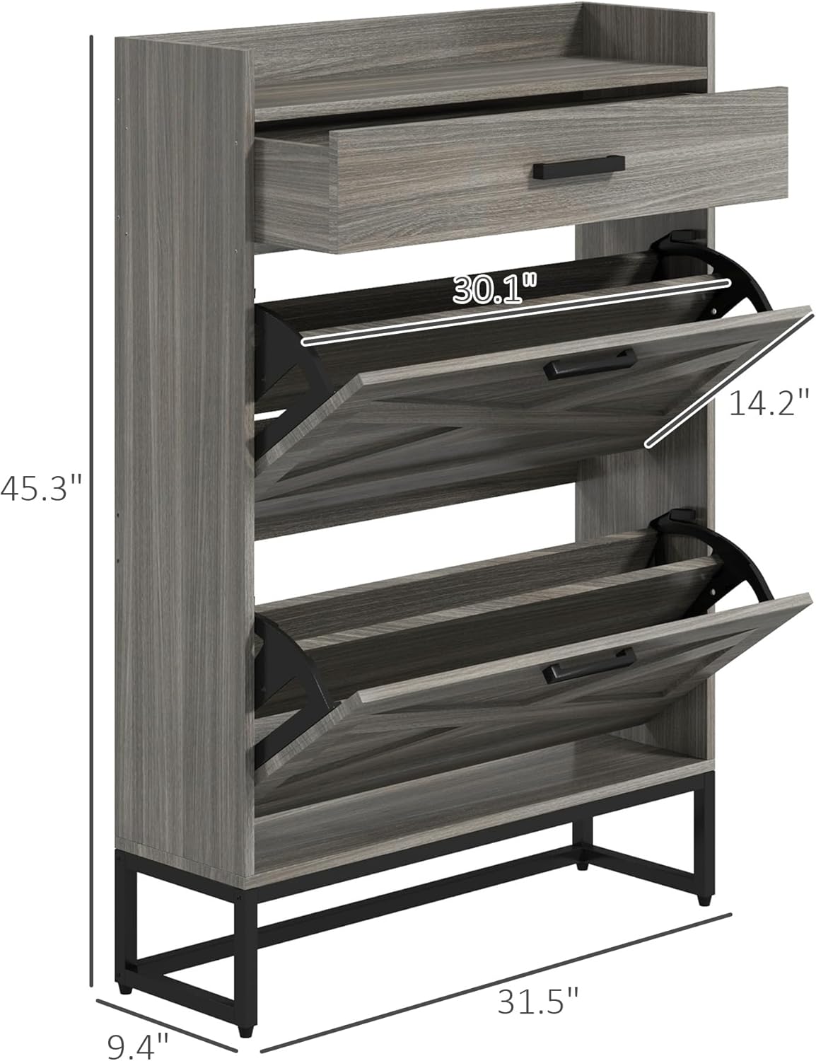 HOMCOM Armario estrecho para zapatos, armario industrial de almacenamiento de zapatos con 2 cajones abatibles, estantes ajustables y cajón superior,
