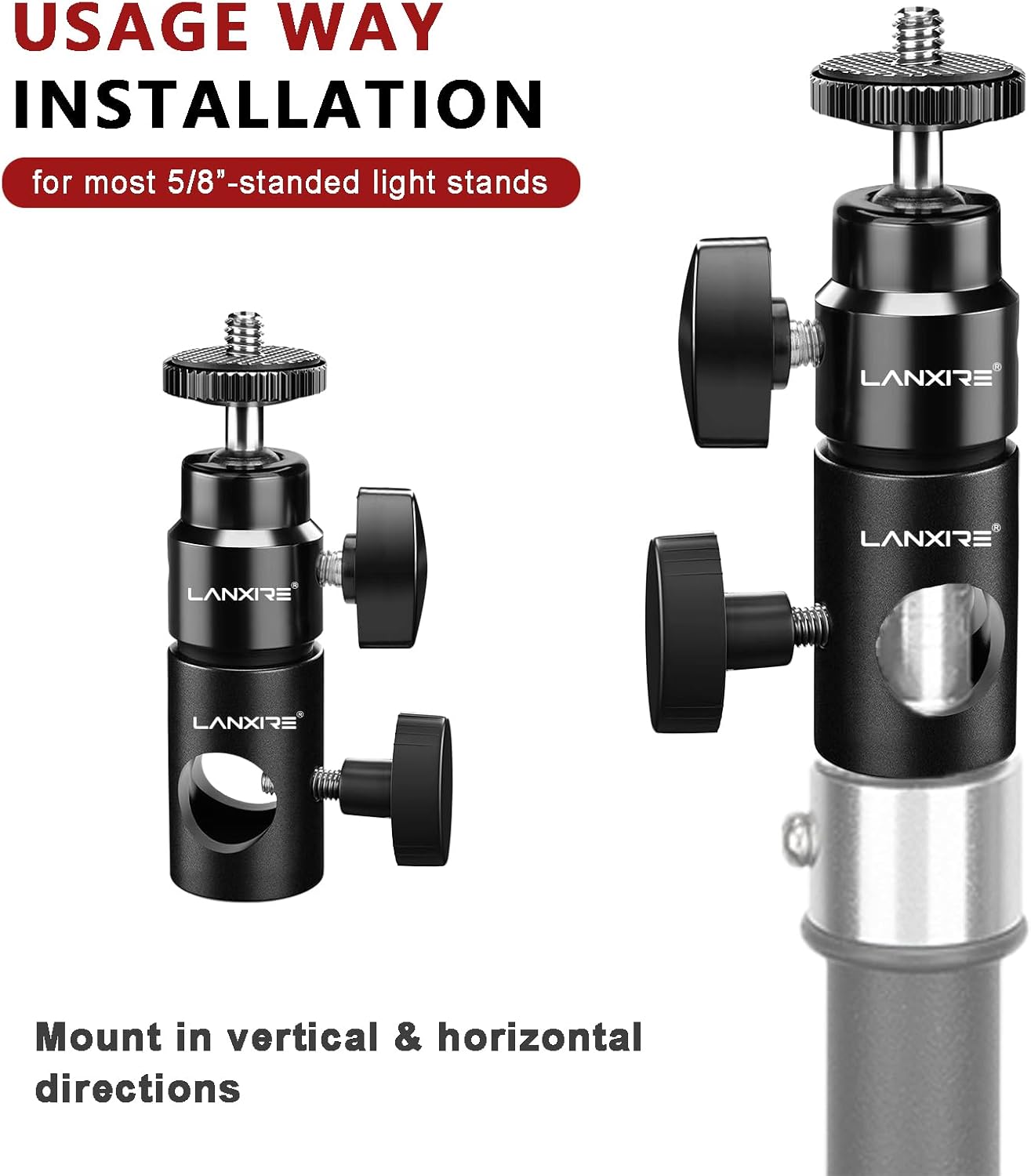 Adaptador de montaje de soporte de luz con mini cabezal de bola de tornillo de 14 pulgadas, compatible con monitor de cámara, luz de anillo, se