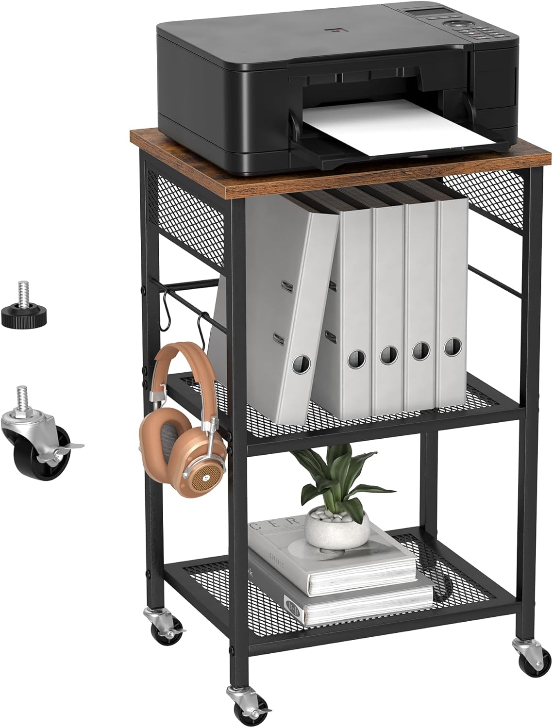 Soporte de impresora móvil de 3 niveles, carrito de impresora con ruedas y 2 ganchos, mesa de impresora rodante para el hogar, oficina, aula, color