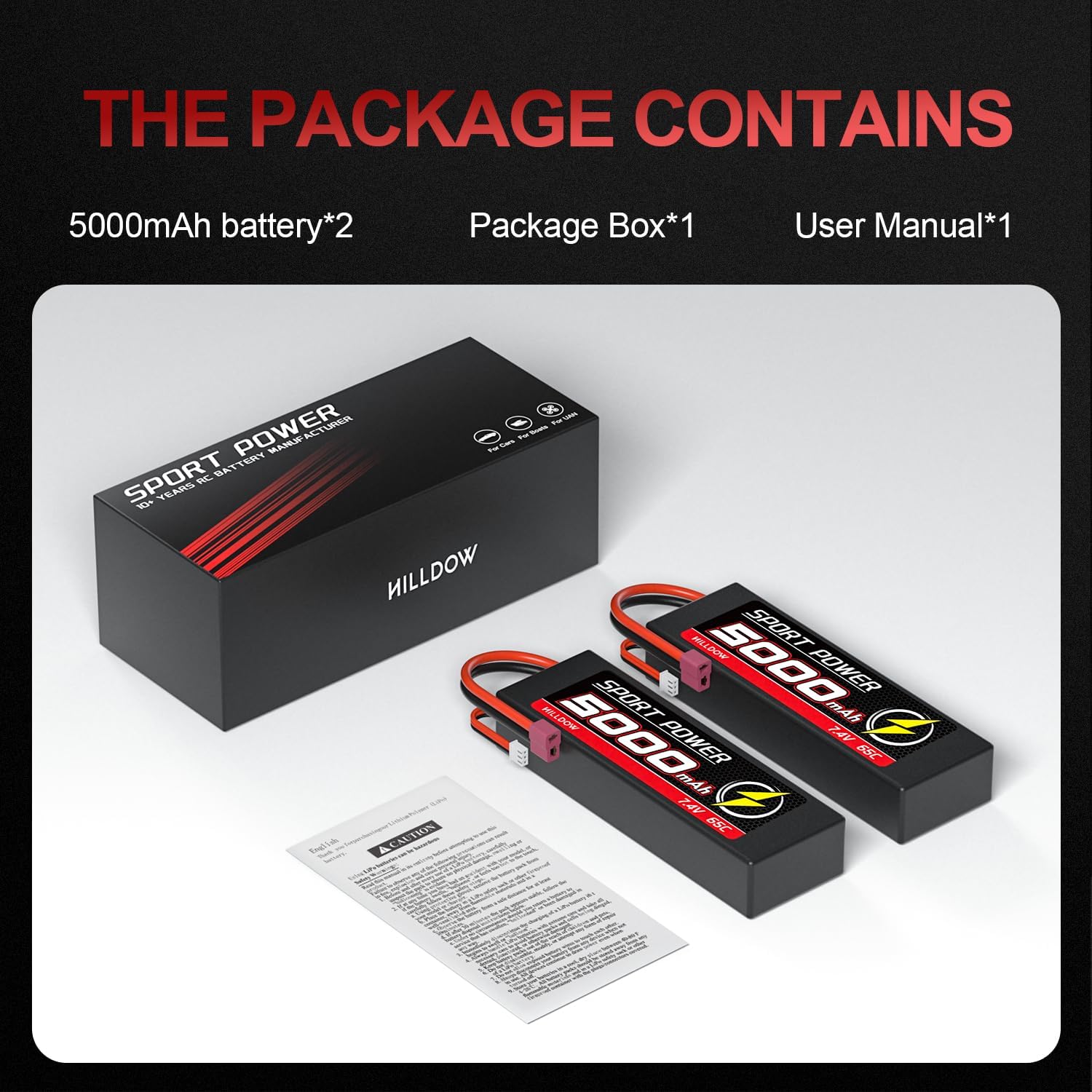 Hilldow Batería Lipo RC de 7.4 V 2S 65C 5000mAh Lipos Hard Case Baterías recargables con conector T estilo Dean para automóviles 18 110 RC camiones