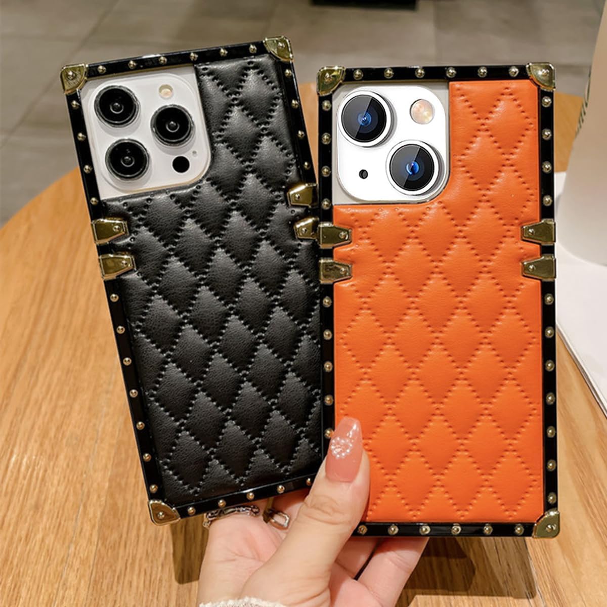 Funda para iPhone 15 con borde cuadrado para mujer, bonita decoración dorada de lujo, cuadrada, suave, parachoques, elegante, a prueba de golpes,