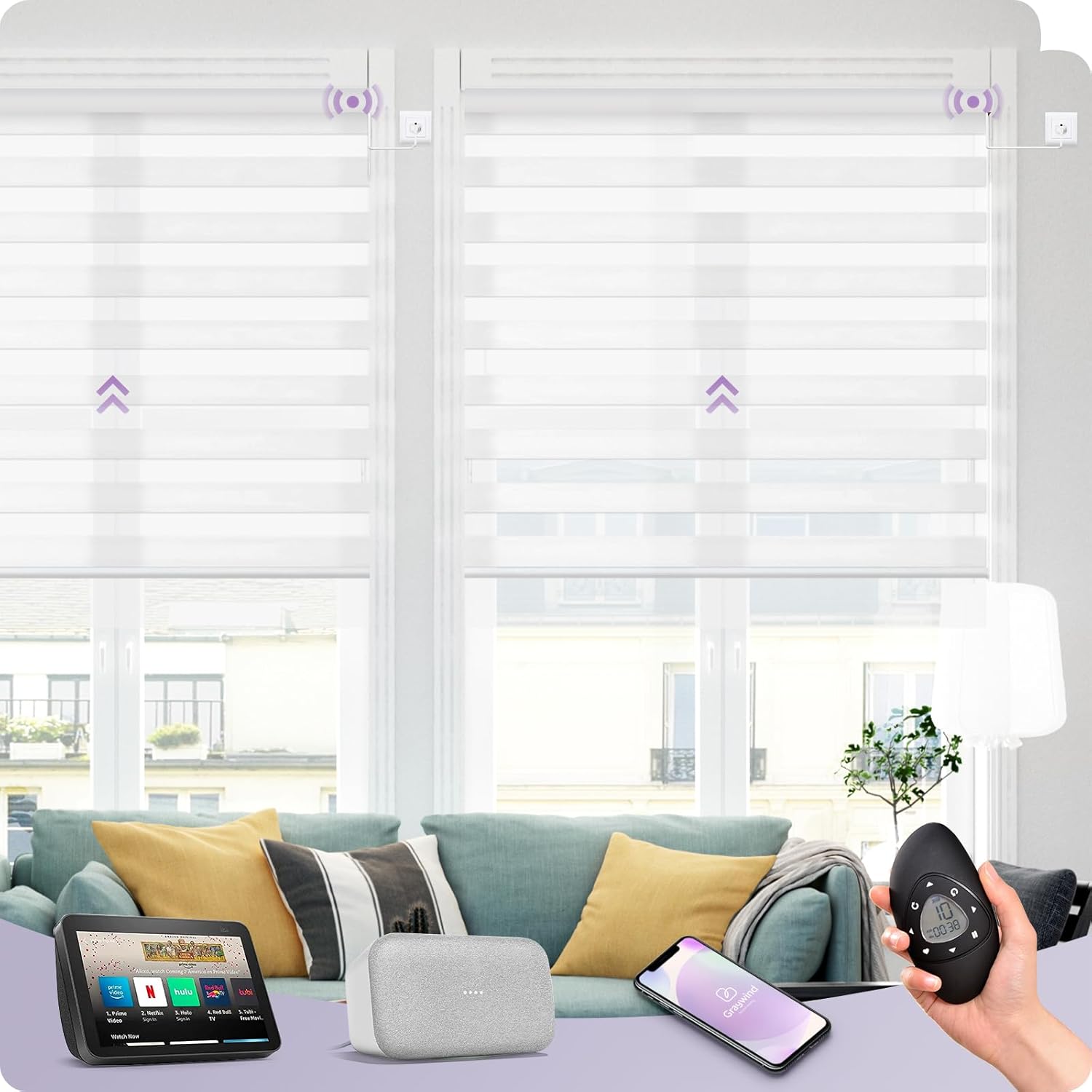 Graywind Persianas horizontales motorizadas de cebra compatibles con Alexa Google WiFi, persianas enchufables con cable para filtrar la luz, tamaño