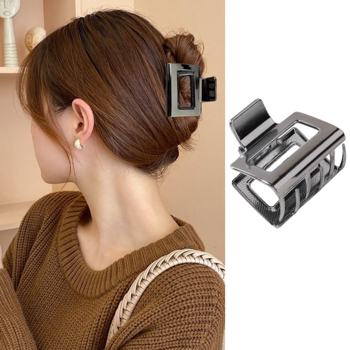 Pinzas para el cabello pequeñas de metal negro para mujer, diseño geométrico cuadrado francés, pasadores para el cabello, accesorios para el cabello