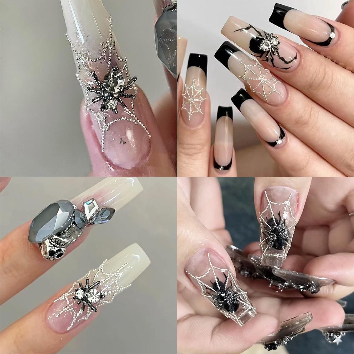 Dijes de uñas de Halloween 3D, dijes de uñas de araña, decoración espeluznante de arte de uñas de calavera de Halloween, dijes de esqueleto, cuentas