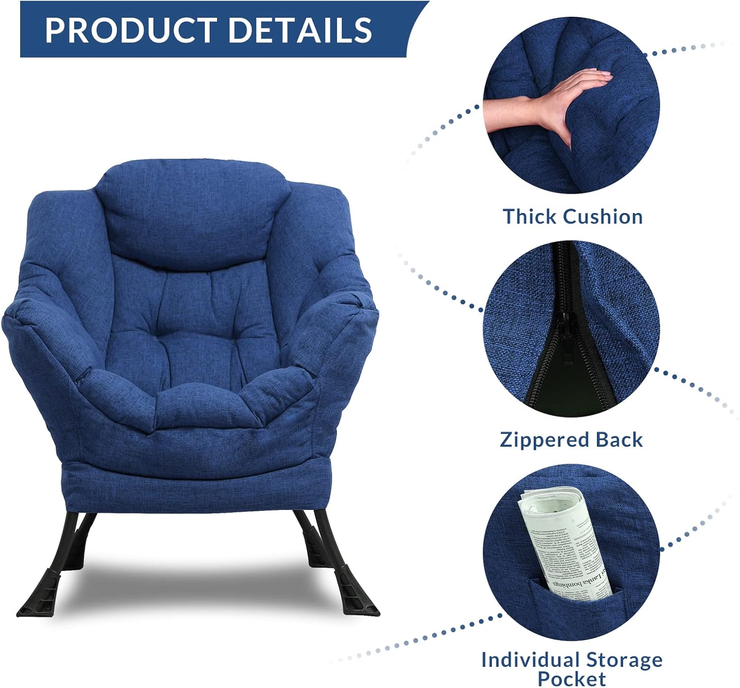 SOCIALCOMFY Silla moderna de tela de algodón, cómoda silla reclinable tapizada individual, silla de descanso contemporánea de acento suave con