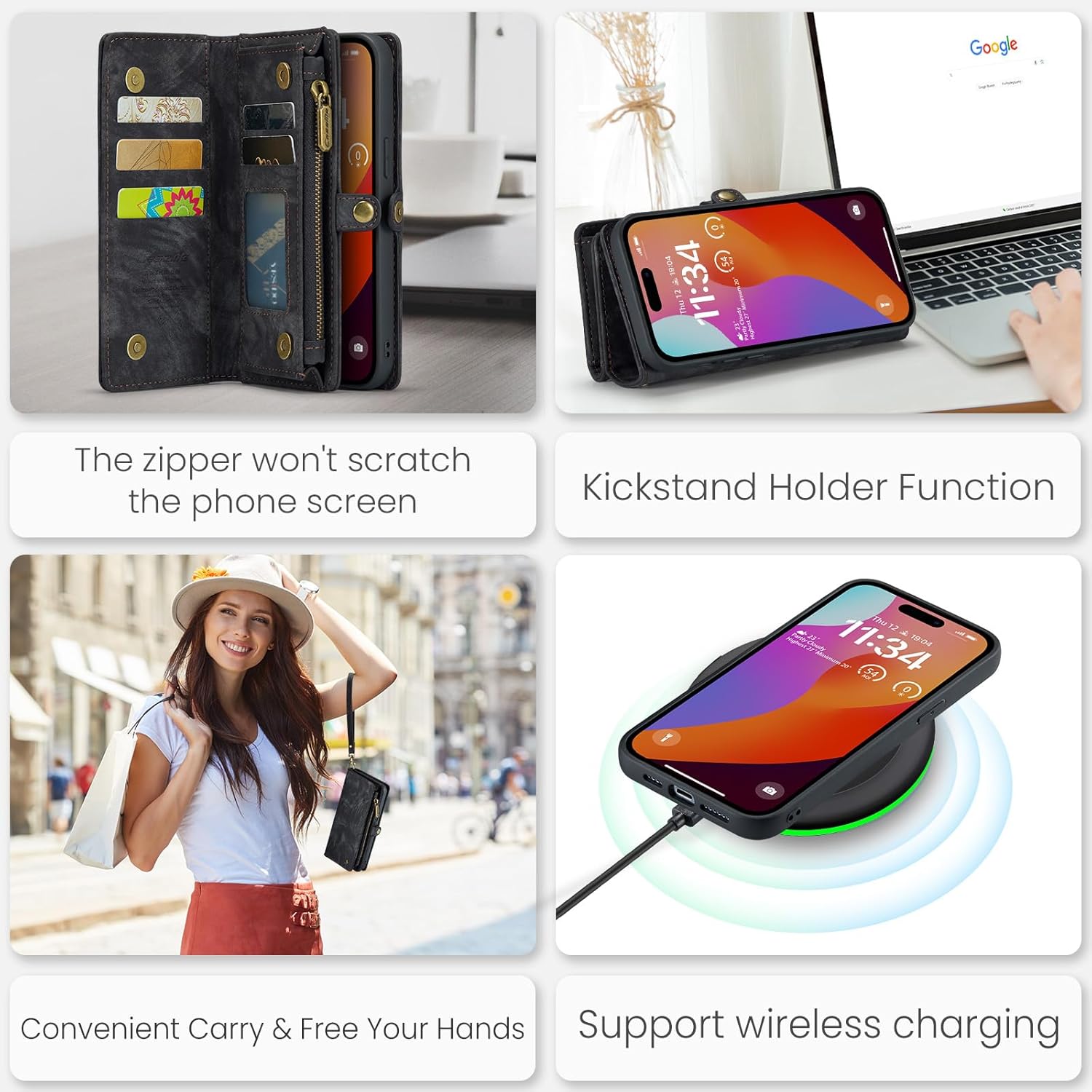 Kowauri Funda tipo cartera para iPhone 15 Pro Max, cartera de piel con cremallera, cartera de piel con tarjetero y correa para la muñeca,